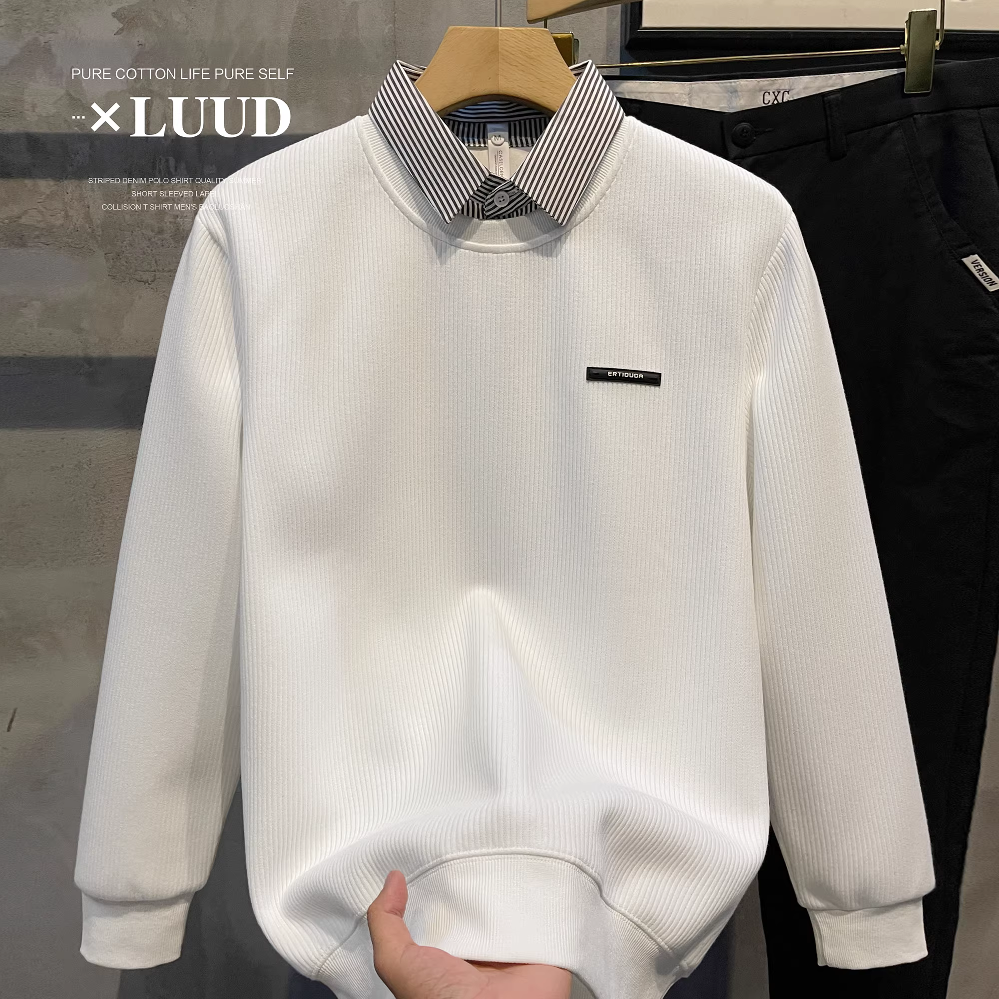 Áo len dệt kim có nhãn nhỏ sọc jacquard LUUD dành cho nam, áo len chui đầu giả hai mảnh có cổ lật.