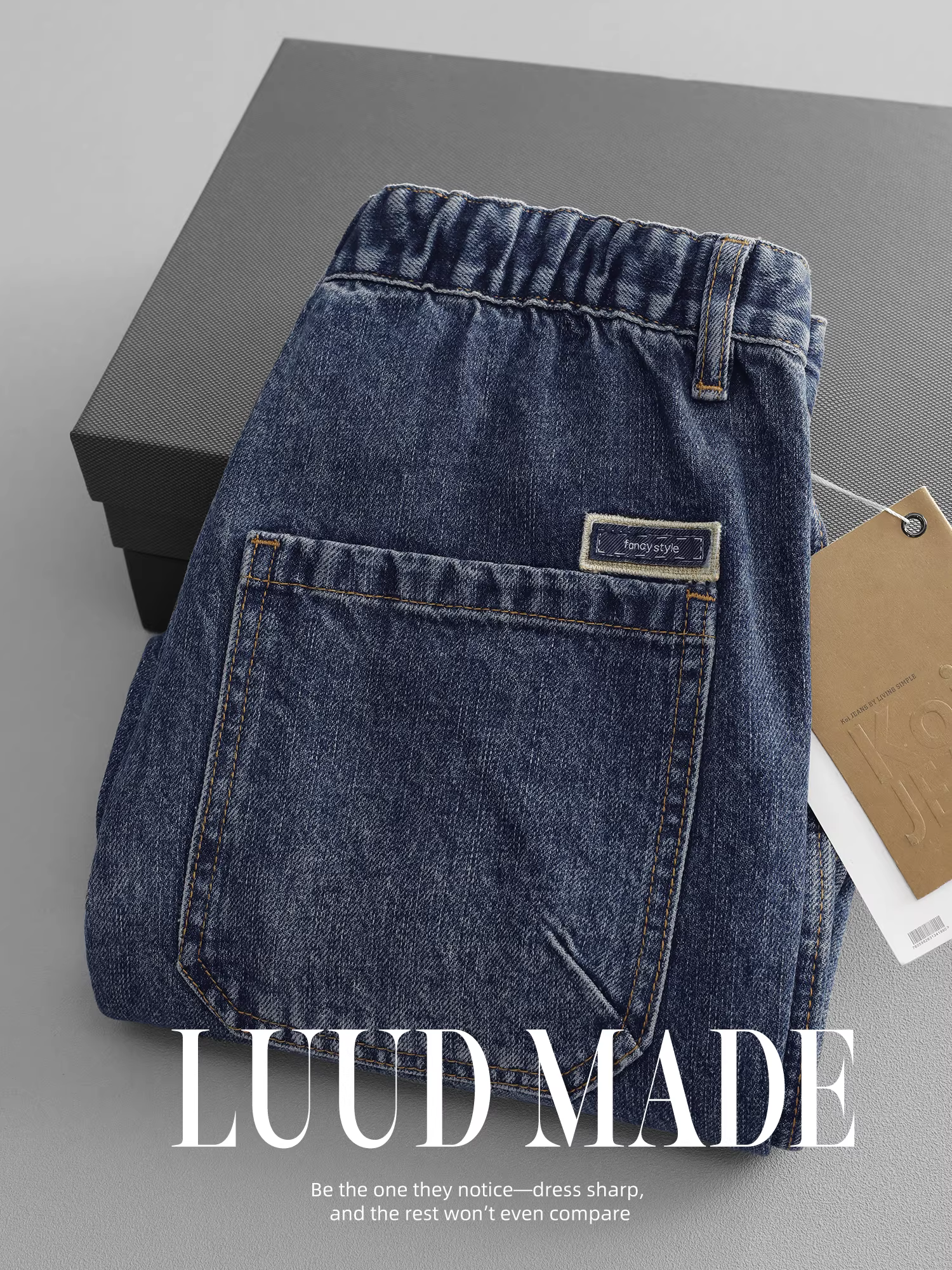 Quần jean nam kiểu Mỹ LUUD, quần dài giặt mài cổ điển, quần ống đứng dáng xuông, có dây rút, mùa thu đông 2025 mới