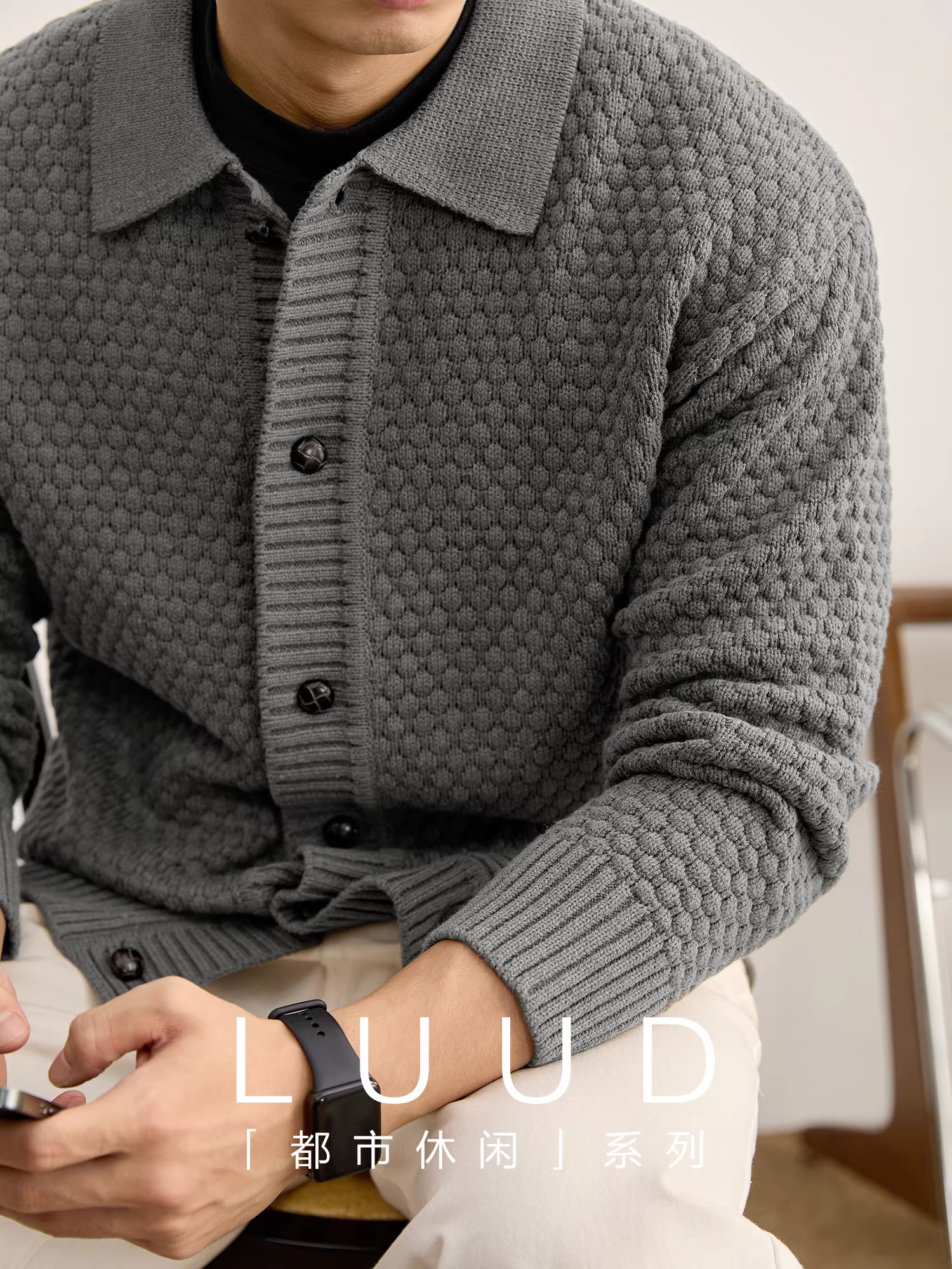 Áo khoác len dệt kim có cổ kiểu đi làm màu xám đậm mùa đông của LUUD dành cho nam giới Áo khoác len có họa tiết kẻ sọc tổ ong