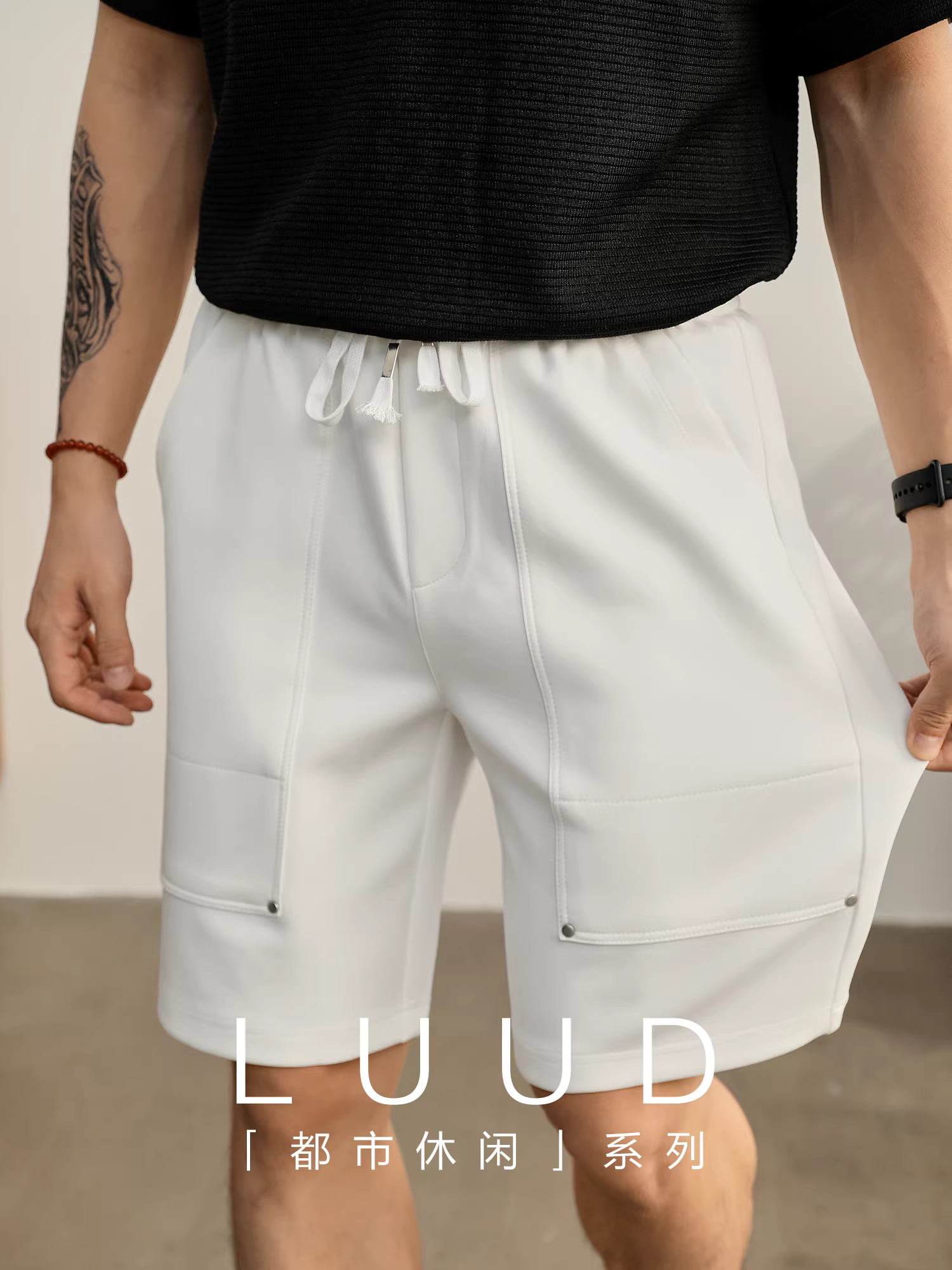 Quần short năm điểm dáng thẳng đơn giản phong cách tối giản LUUD dành cho nam, thích hợp mặc ở nhà và ngoài trời, có thiết kế đinh tán, quần short dài vừa phải có dây rút co giãn.