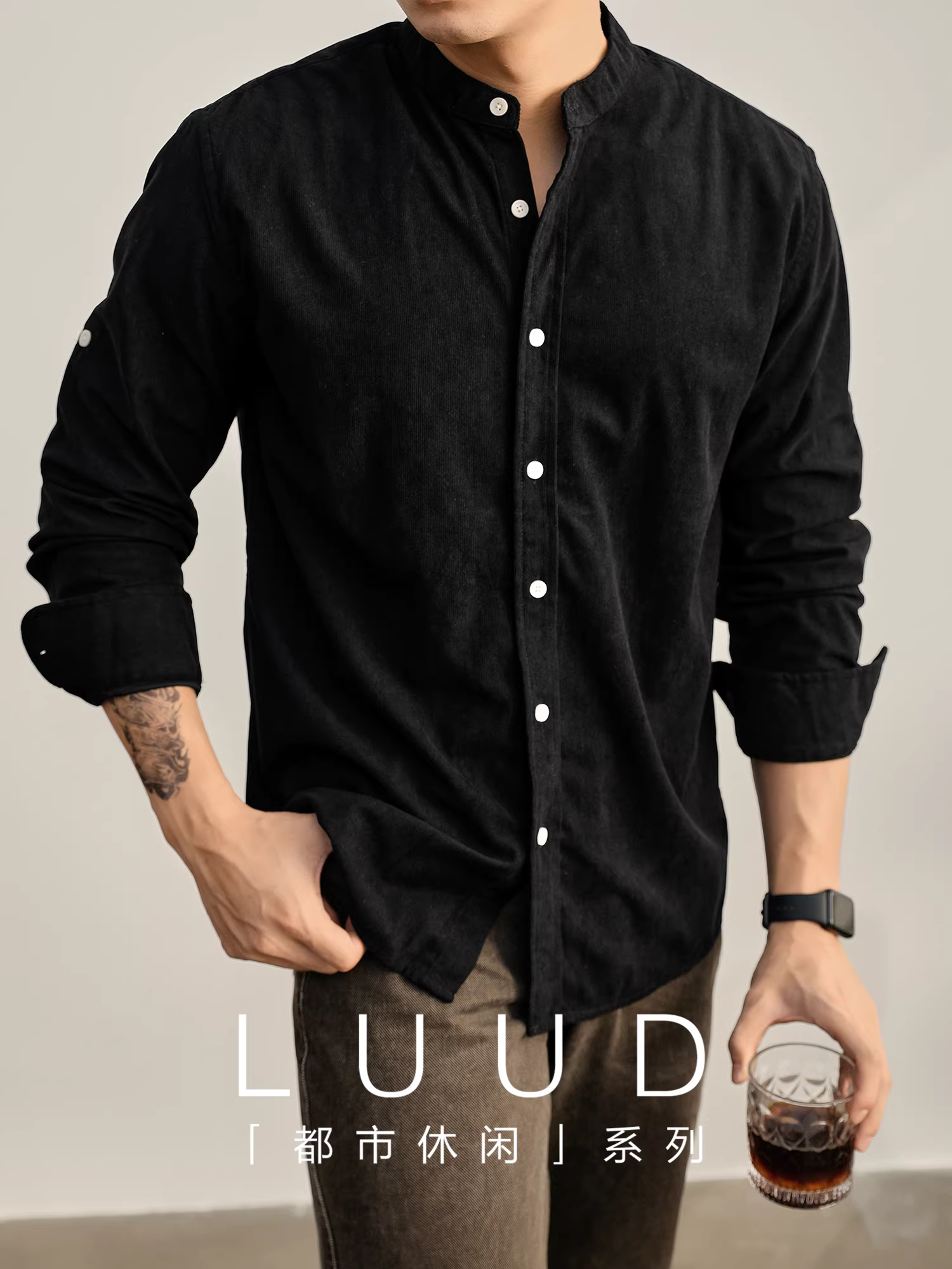 Áo sơ mi dài tay màu đen cao cấp dành cho quý ông LUUD, giản dị và thoải mái, áo sơ mi cổ đứng bằng nhung chải đơn hàng nút