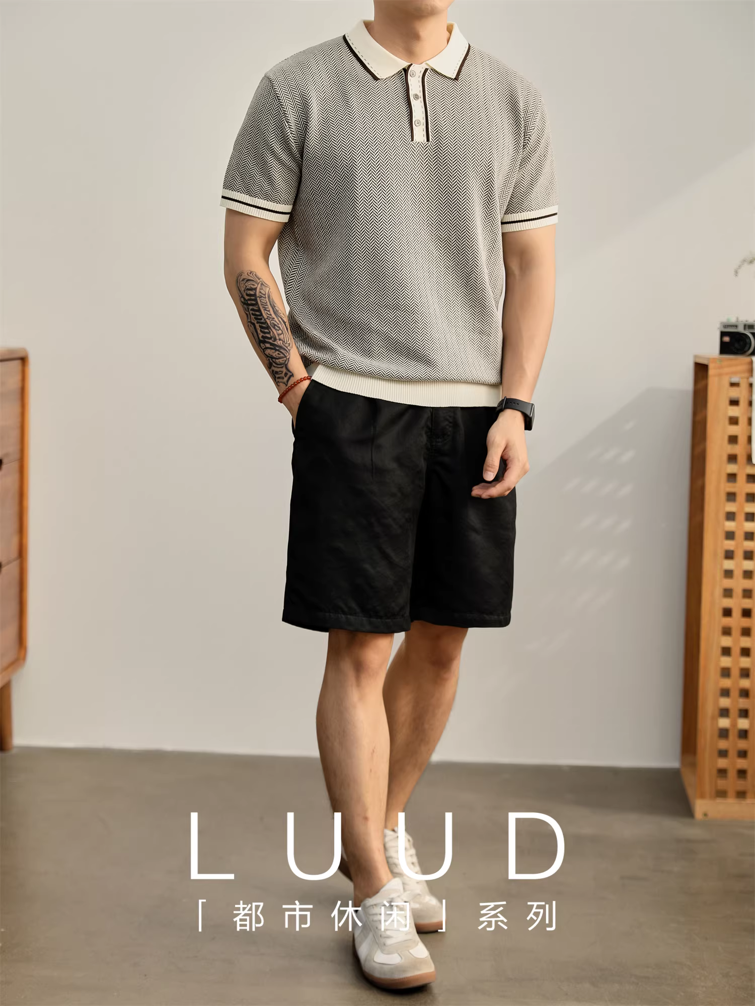 Áo polo nam LUUD yuppie cao cấp, chất liệu lưới dệt kim xương cá, tay ngắn, mùa hè, phối màu tương phản, chất liệu gân jacquard.