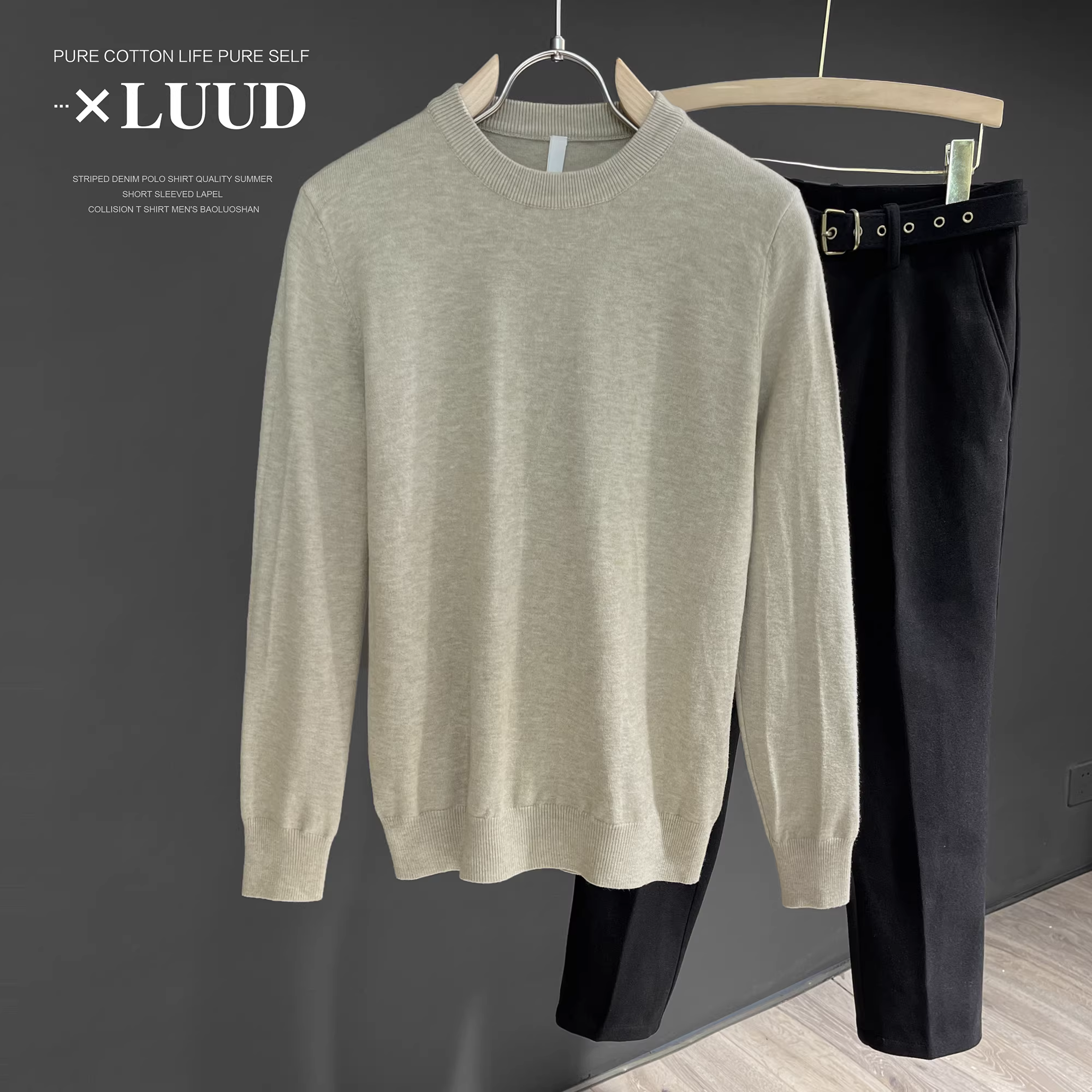 Áo len dệt kim cổ tròn ấm áp mùa đông LUUD dành cho nam, áo sơ mi ôm sát màu trơn đơn giản.