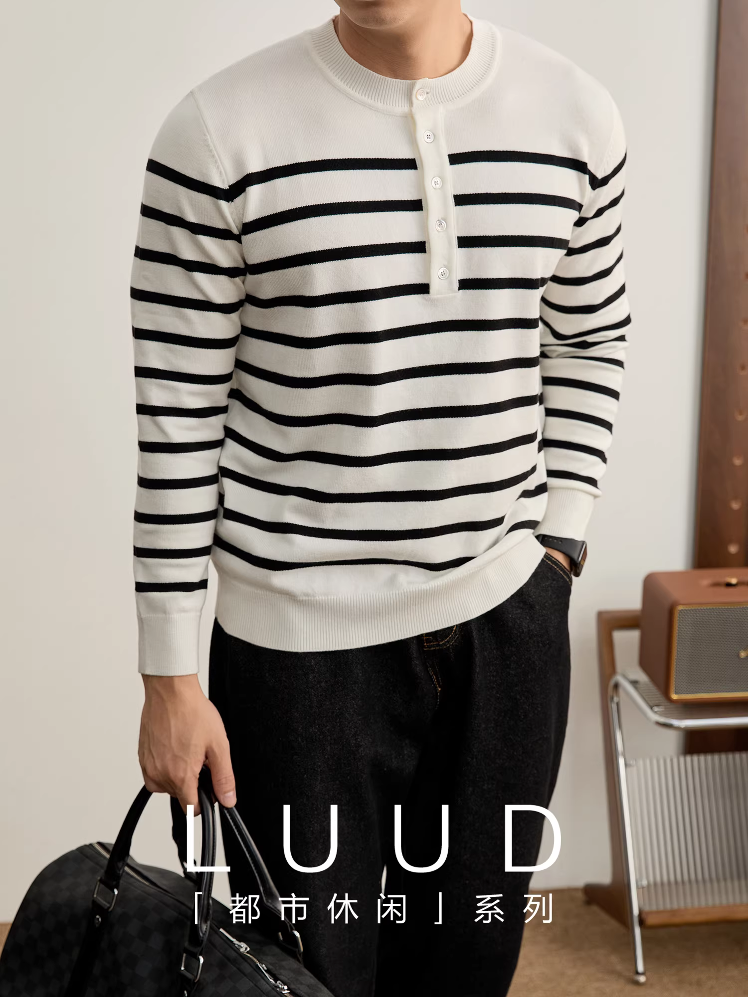 LUUD Modal Core-spun Yarn Áo len cổ Henley sọc màu khối màu Áo len nam dài tay giản dị nghệ thuật