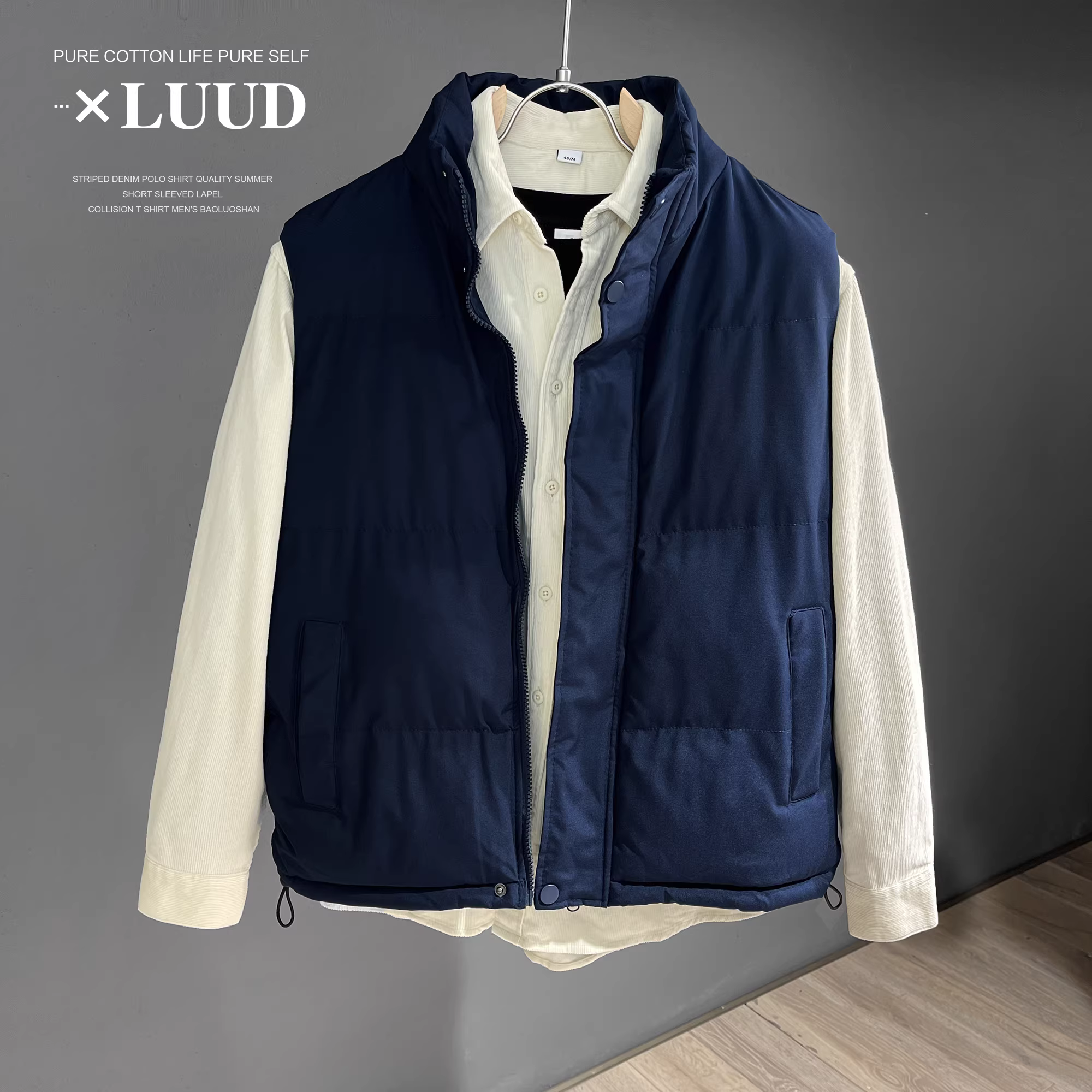 Áo khoác phao dày màu xanh đậm không tay LUUD, màu trơn, đa năng, ấm áp, chất liệu cotton, kiểu dáng vest, cổ đứng dành cho nam