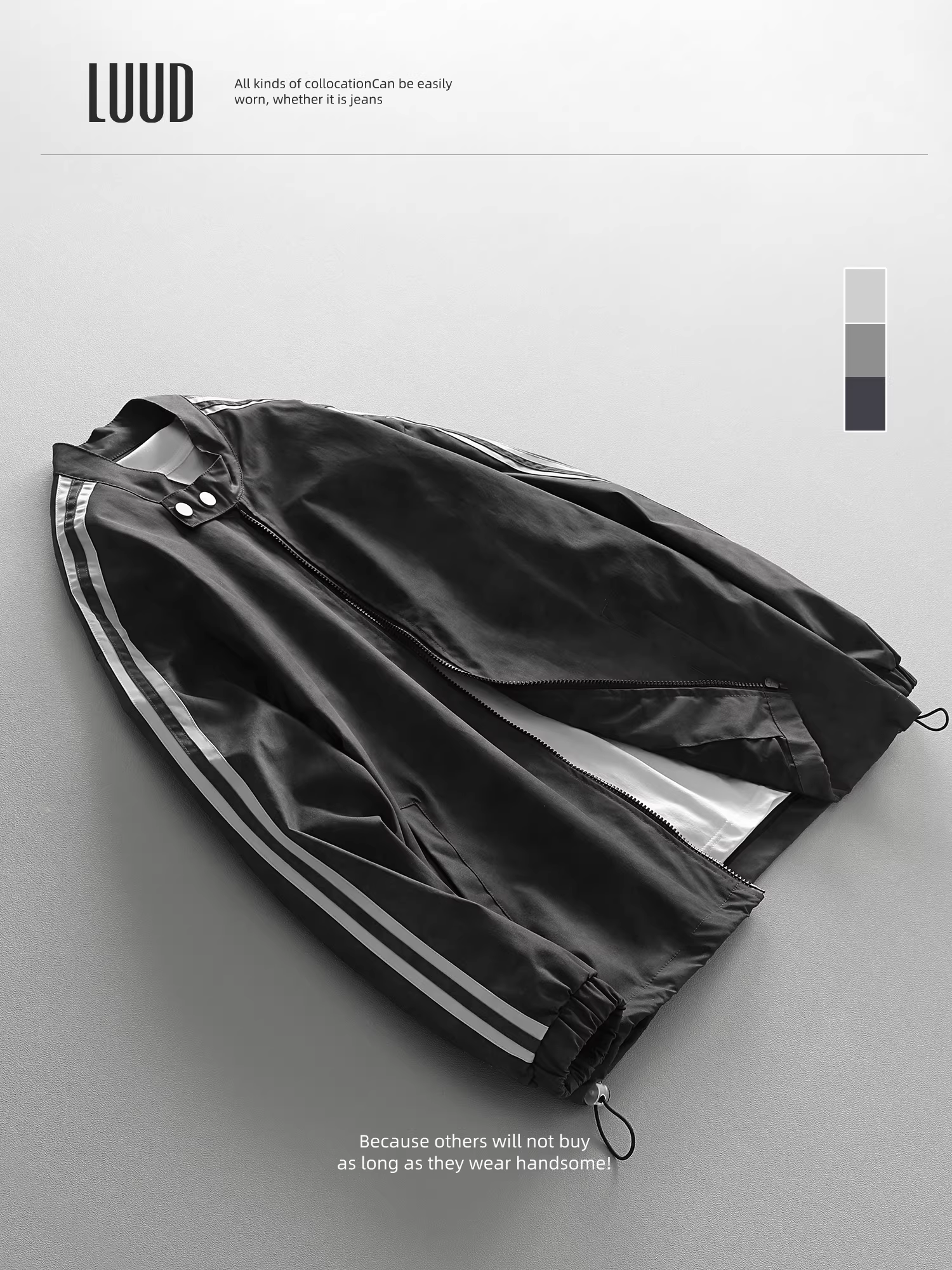 Áo khoác thể thao ba sọc thiết kế LUUD, áo khoác nam cổ điển hoài cổ, áo khoác phi công cổ đứng, kiểu dáng giản dị