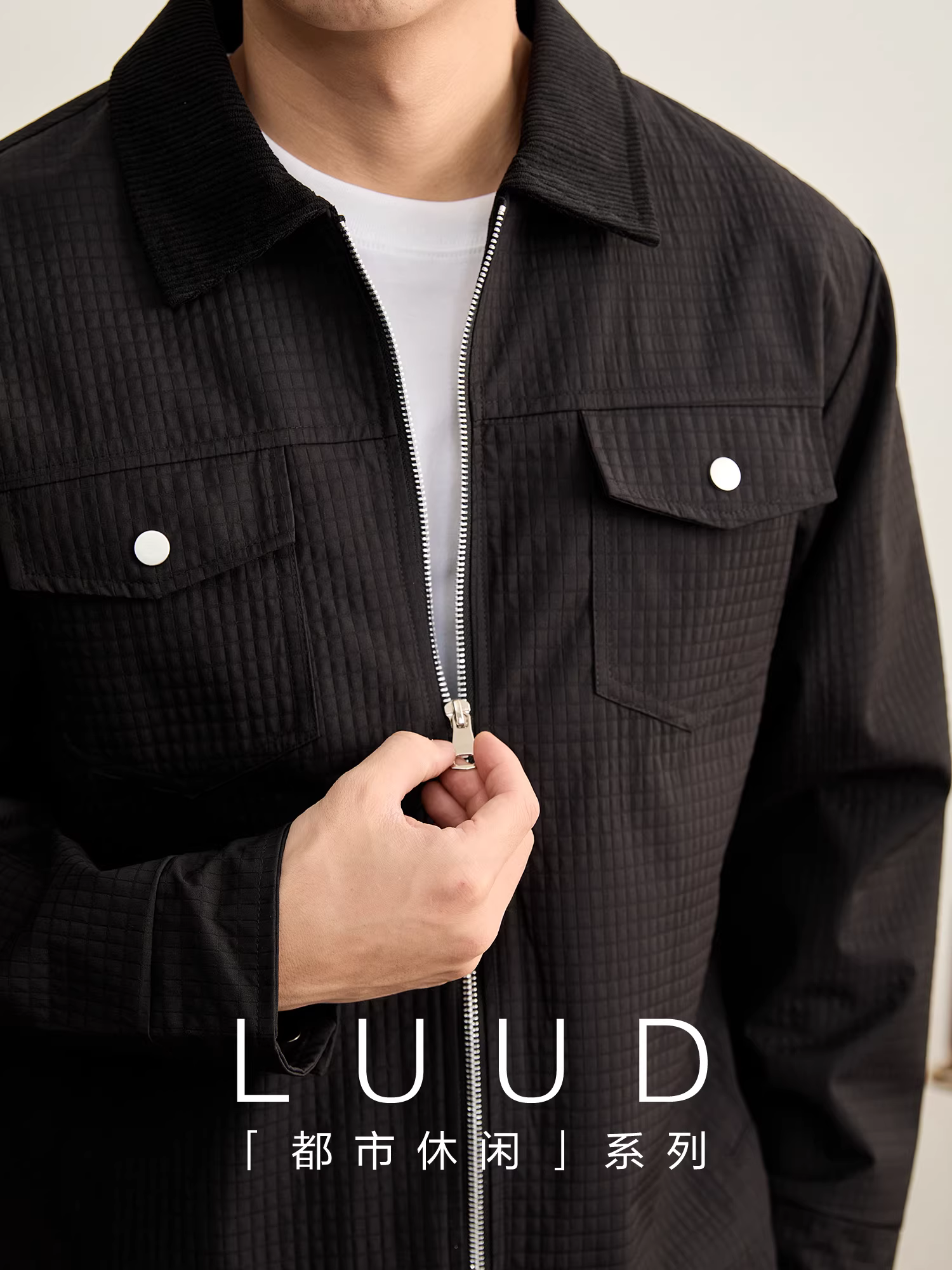 Áo khoác nam mùa đông LUUD chất liệu vải tổ ong, cổ áo vải gân, phối họa tiết, cổ áo dựng đứng, phong cách thường ngày