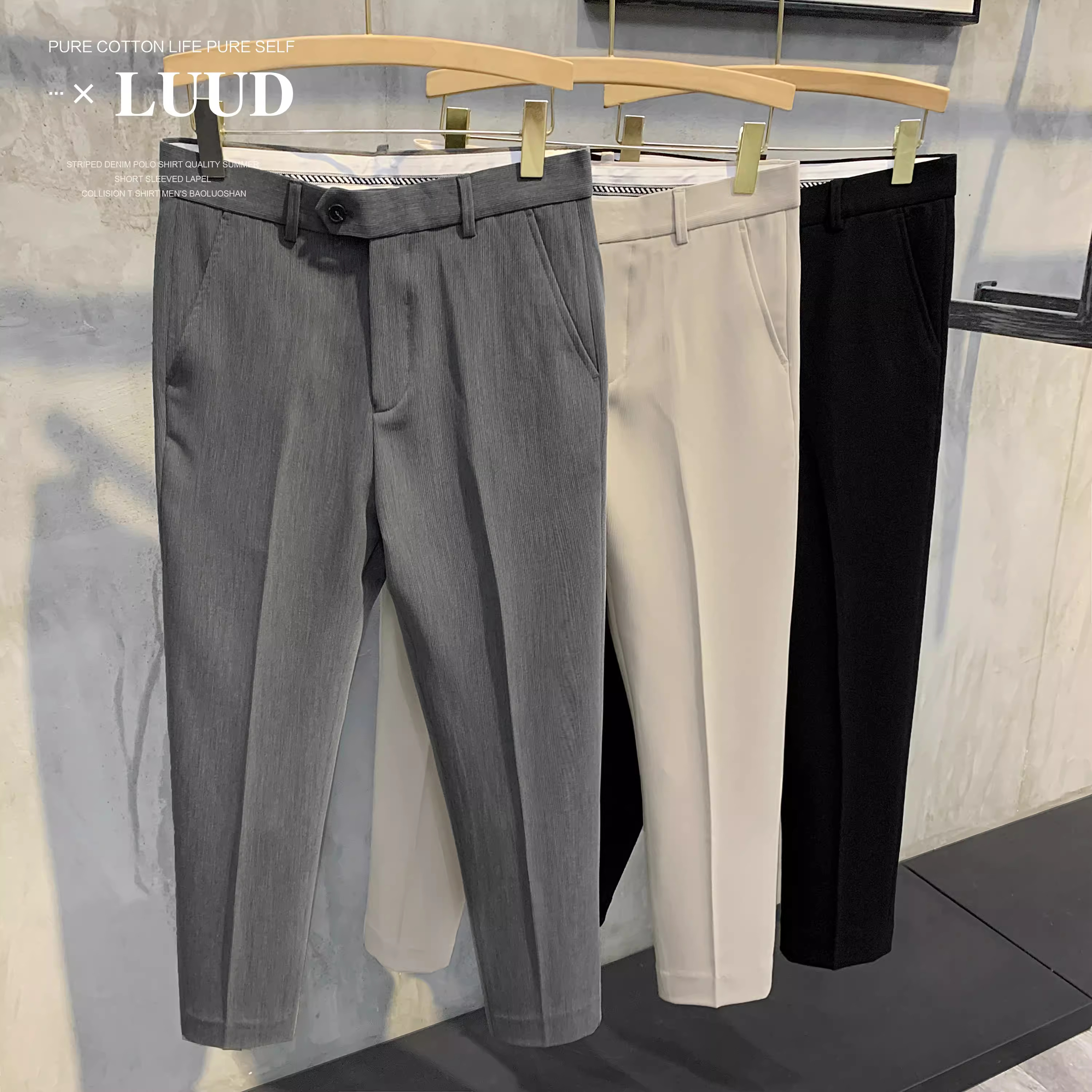 LUUD sọc dọc thoải mái kiểu Anh dành cho nam giới quần ôm vừa vặn kiểu cổ điển quần tây ngắn gọn giản dị dành cho doanh nhân không nhăn quần hợp thời trang