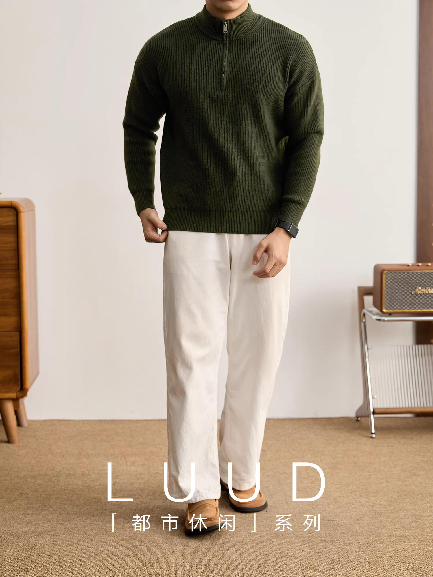 Áo len nam cổ đứng nửa khóa kéo LUUD mùa thu đông, chất dày 710g, ấm áp, màu trơn, đa năng