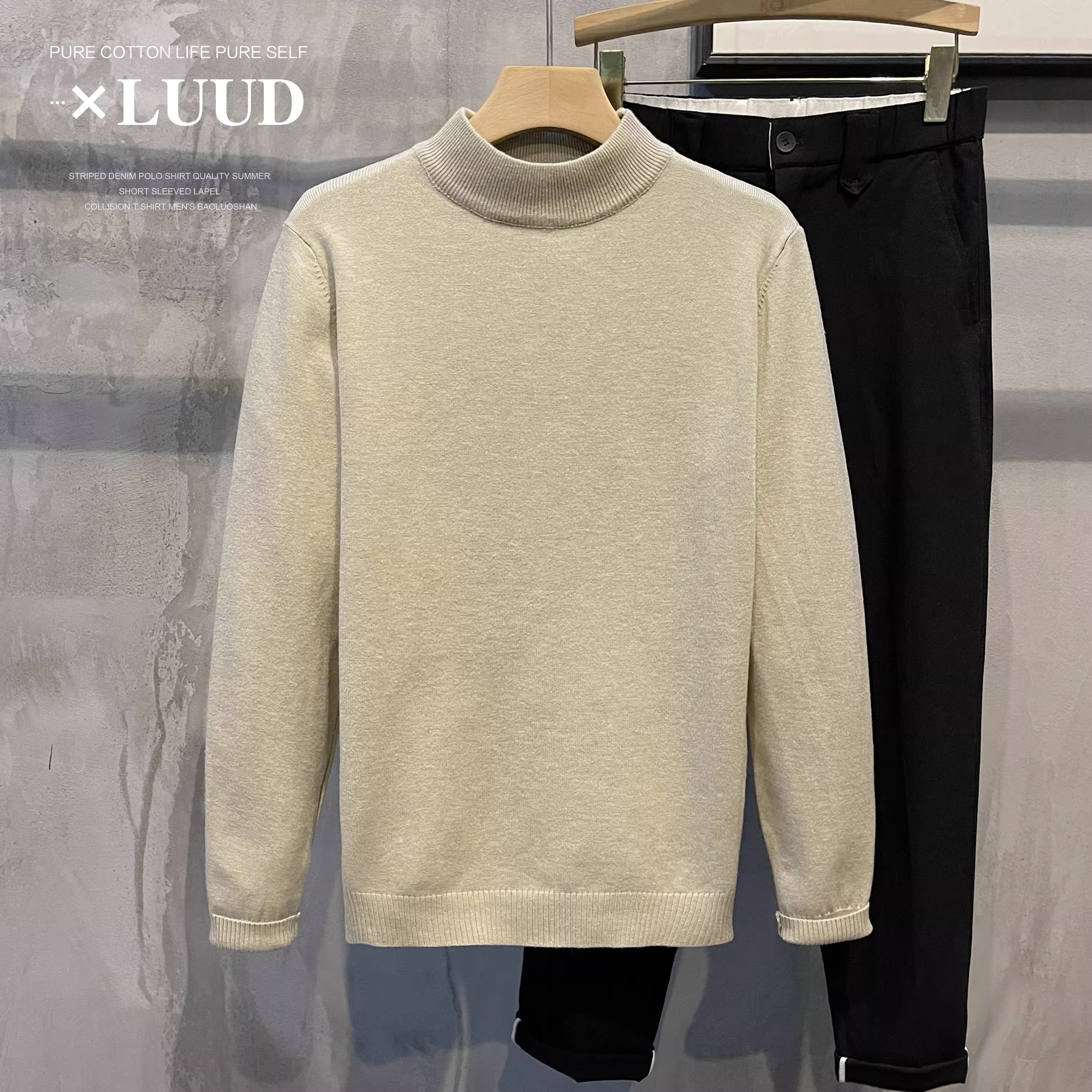 Áo len nam cổ lọ nửa cao LUUD 2025 thu/đông, chất liệu lông cừu ấm áp, màu trơn, đa năng, tay dài