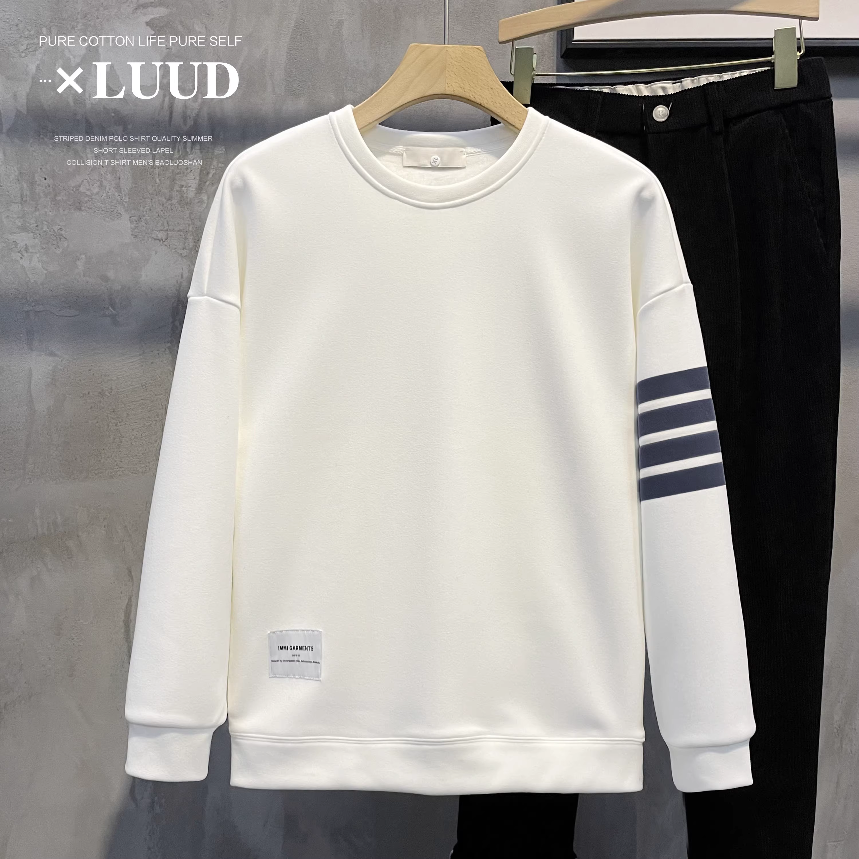 Áo len cổ tròn dày dặn có lót lông cừu mùa đông LUUD dành cho nam giới Áo len cổ tròn dày dặn ấm áp thương hiệu thời trang châu Âu in ba sọc áo dài tay