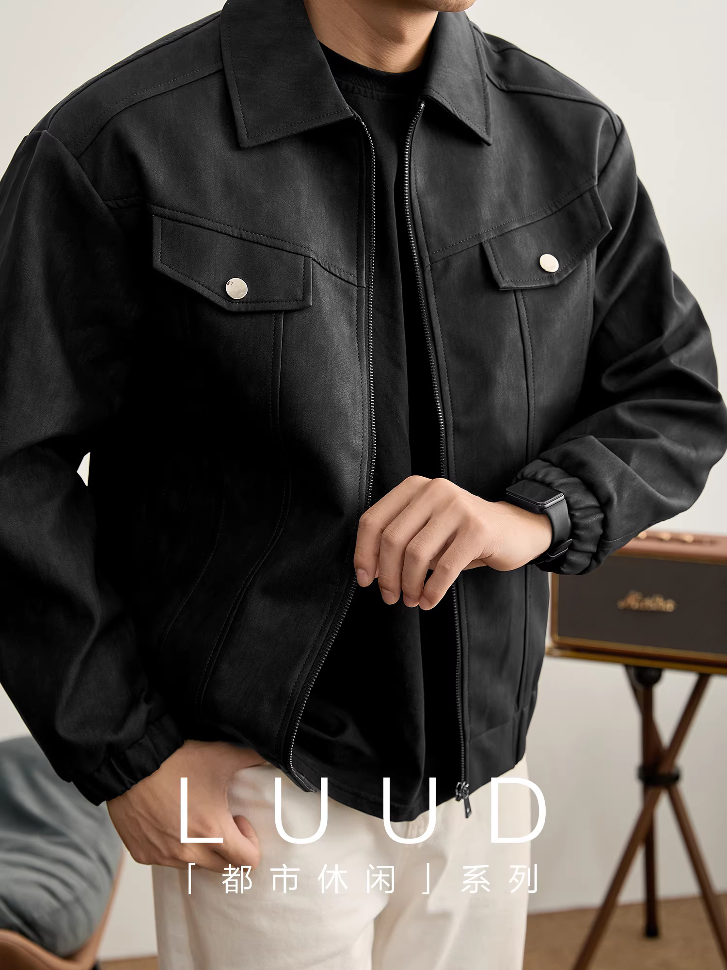 Áo khoác chống gió bằng da PU phong cách đường phố LUUD dành cho nam mùa đông Thiết kế có nắp lật có túi giả Áo khoác thường ngày hợp thời trang