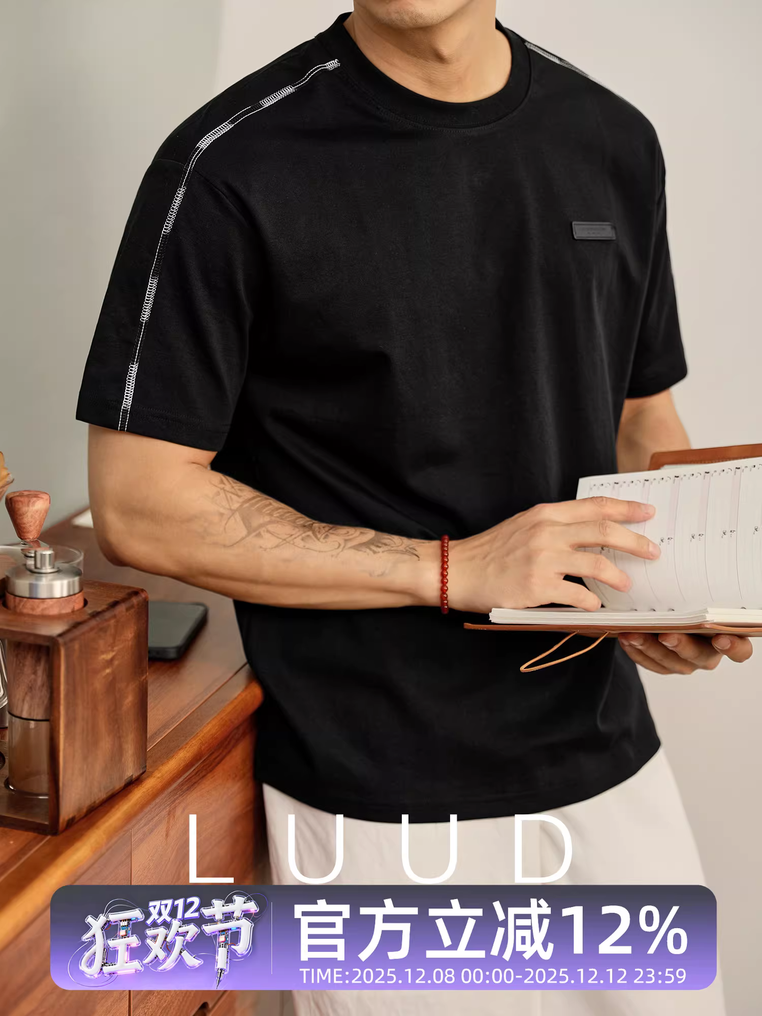 Áo thun cổ tròn LUUD thời trang dành cho nam, chất liệu cotton, phối màu, đường may ngược, có nhãn da nhỏ in chữ, tay ngắn cho mùa hè.