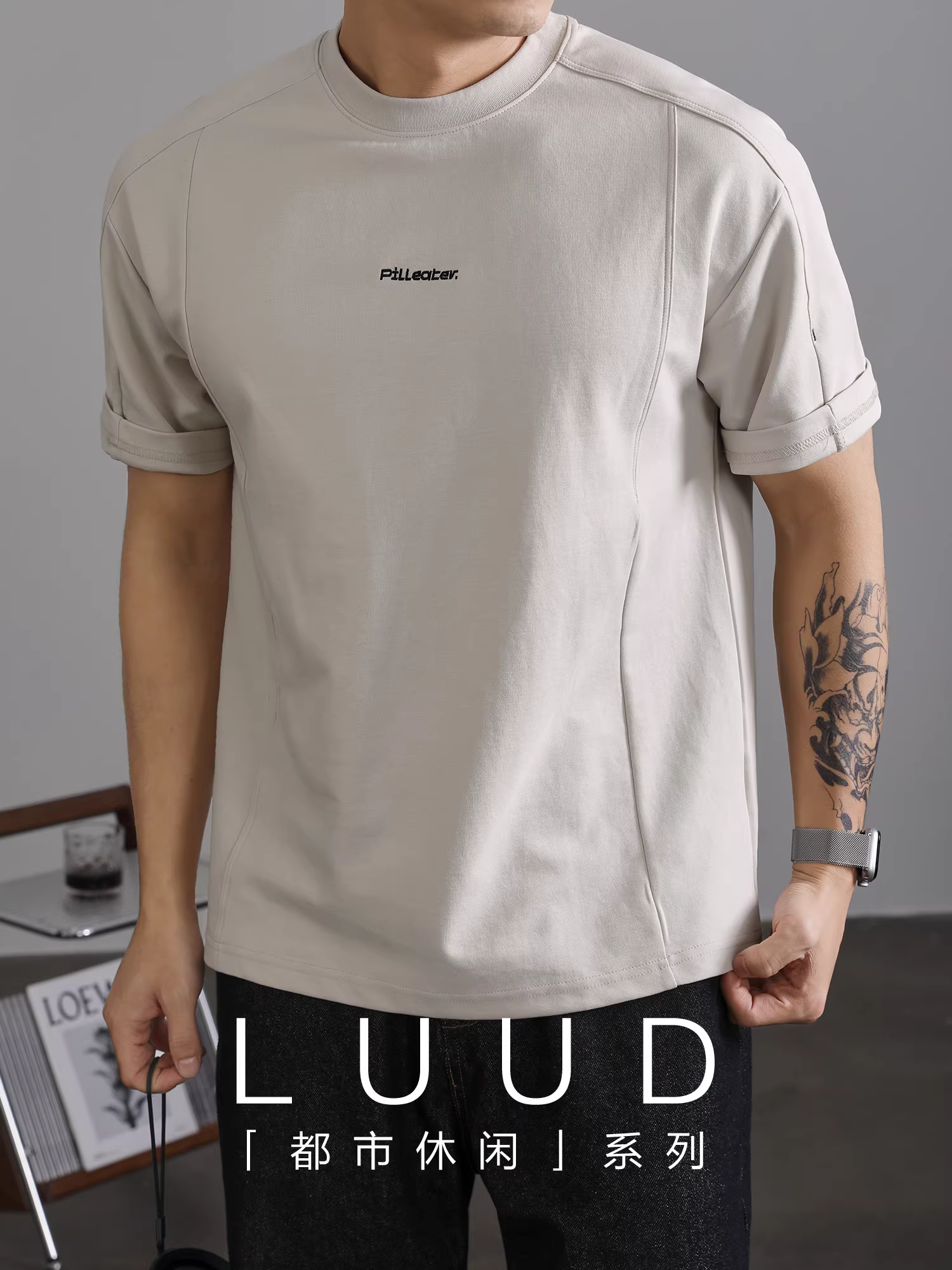 Áo thun ngắn tay thêu đơn giản mùa hè của thương hiệu LUUD dành cho nam, thiết kế đường phố sành điệu với họa tiết chắp vá, áo cổ tròn thông thường.