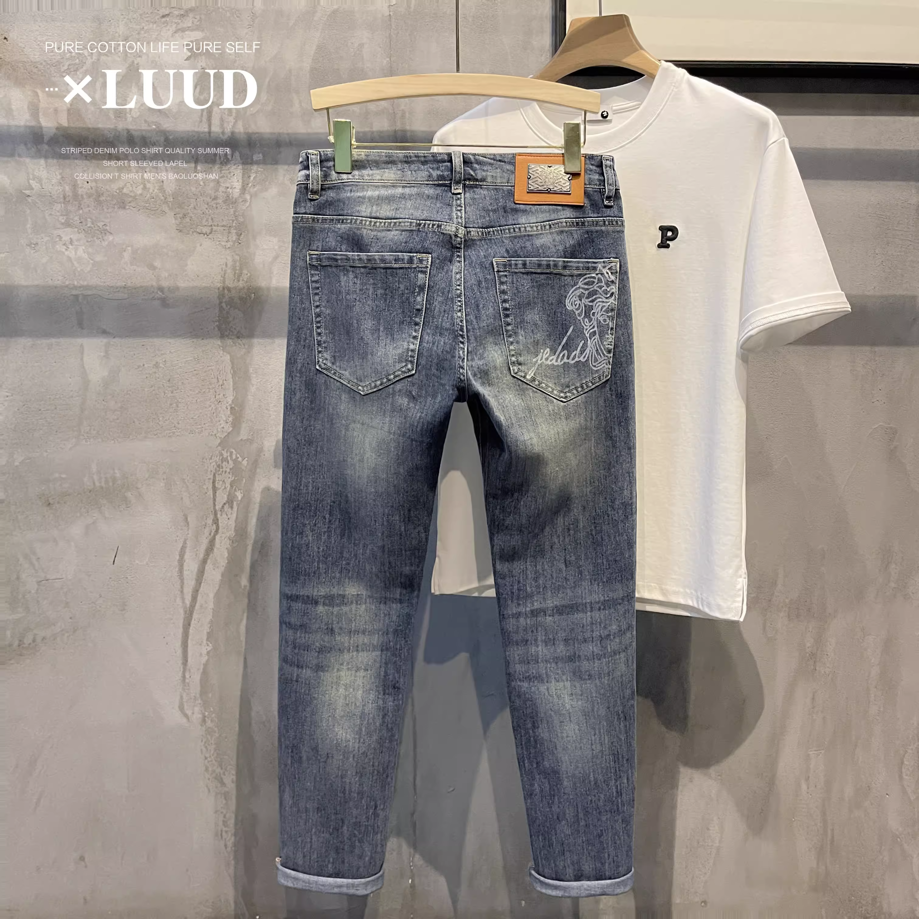 LUUD thương hiệu hợp thời trang in hình quần jean skinny vừa vặn trang phục sành điệu quần dài phong cách retro đơn giản quần dài nam giản dị