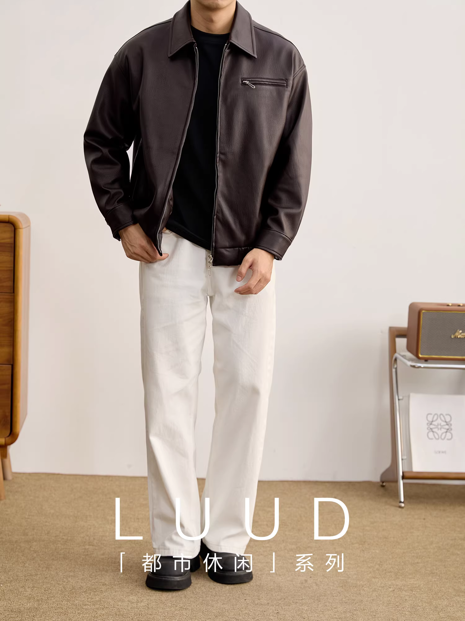 Áo khoác da nam LUUD retro, chất liệu giả da PU, kiểu dáng ngắn rộng, có hai khóa kéo, cổ áo vest, họa tiết vải lychee, mùa đông.