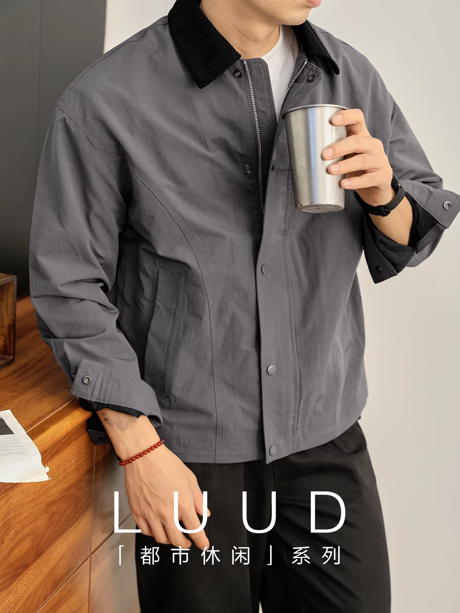 Áo khoác nam LUUD retro Detroit dáng hộp ngắn rộng, chống gió, phối màu tương phản, cổ áo có dây rút ở gấu áo