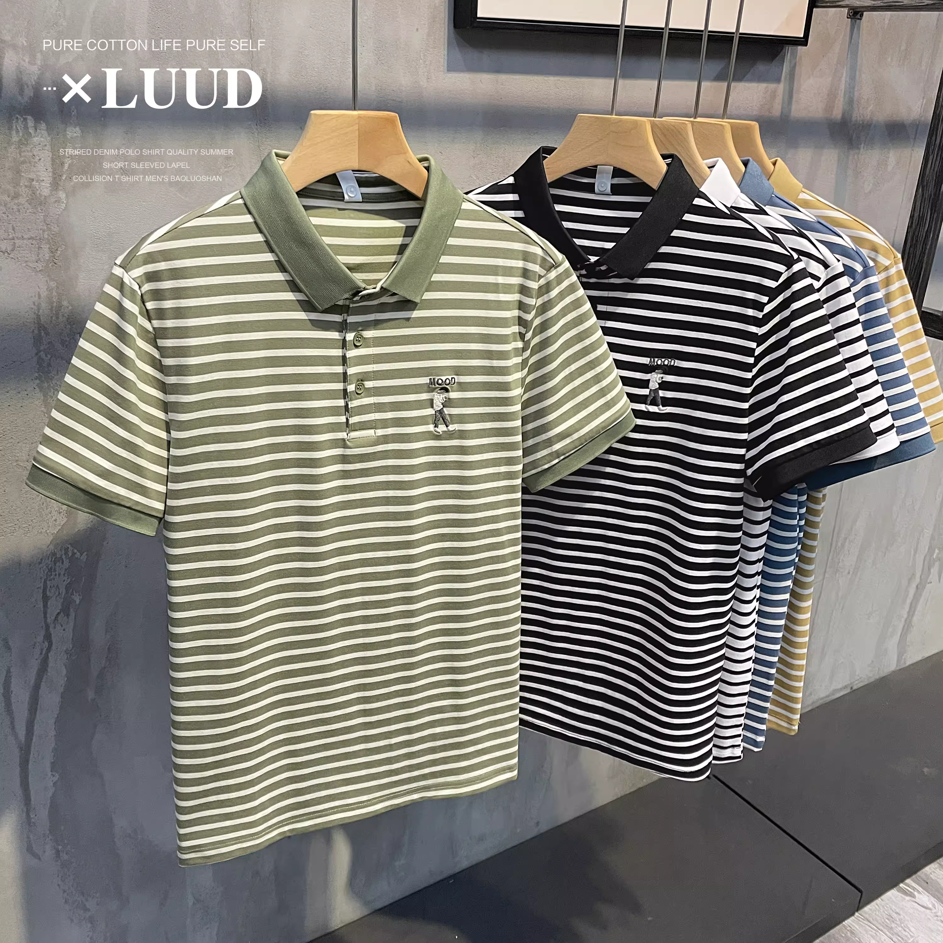 Áo Polo Nam LUUD Cổ Sọc Khối Màu 2025 Đơn Giản Đa Năng Thời Trang Thêu Tay Ngắn Cho Mùa Hè