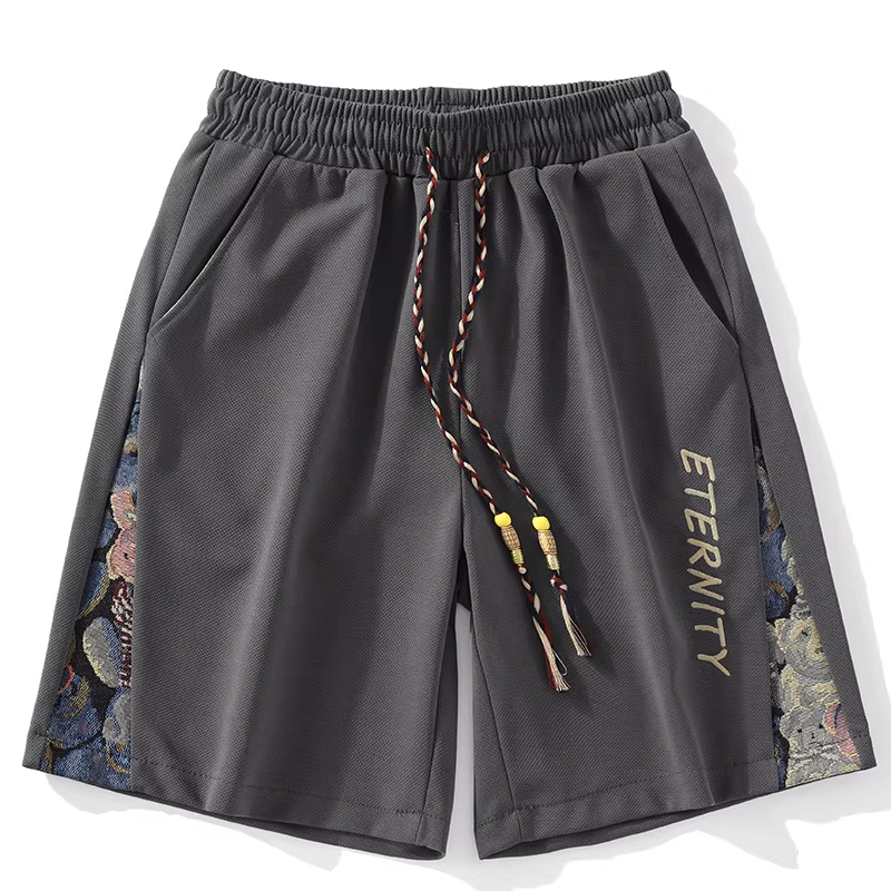 LUUD Phong cách Trung Quốc mới Xu hướng quốc gia Quần short thêu hình gấu Quần short nam mùa hè thẳng thẳng thể thao ngoài trời Quần short ngoài trời
