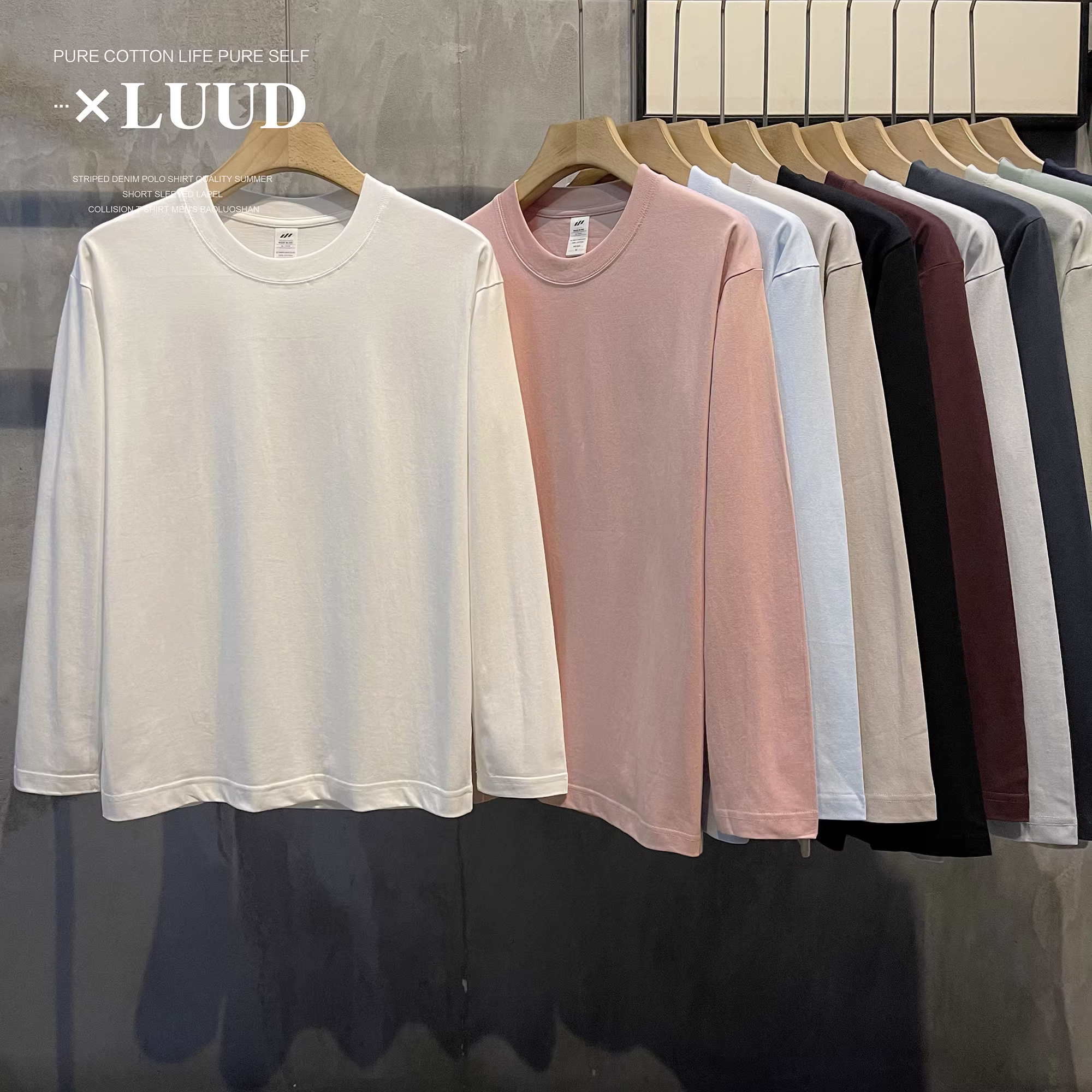 Áo thun dài tay LUUD 230G bằng cotton chải kỹ dành cho nam, áo màu trơn, áo lót thoải mái, áo chui đầu cổ tròn, hợp thời trang.