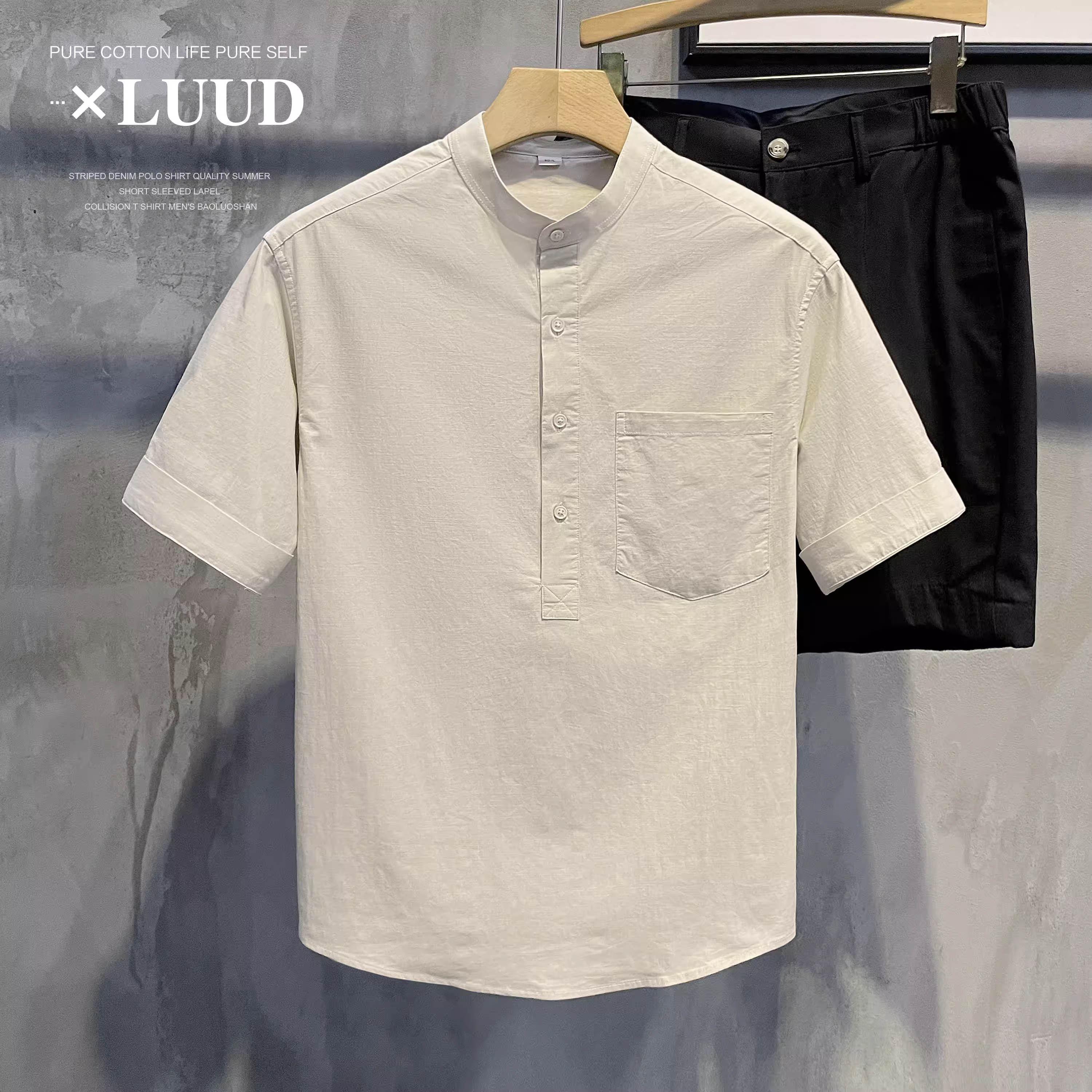 Áo sơ mi cổ đứng bằng vải cotton và vải lanh thoáng khí màu trơn LUUD dành cho nam, phong cách sang trọng nhẹ nhàng, tay ngắn, áo sơ mi hợp thời trang phong cách Hàn Quốc giản dị mùa hè.