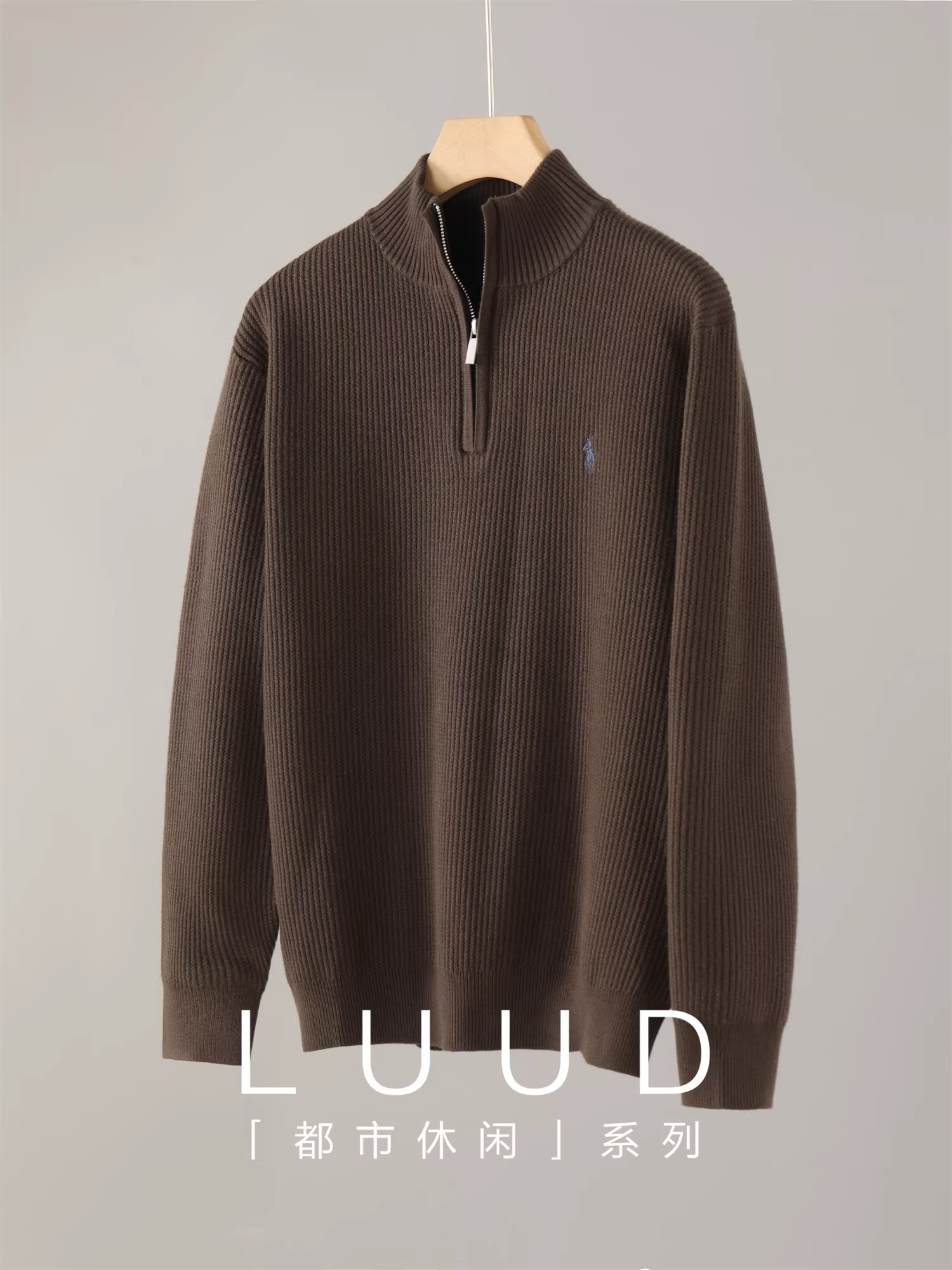 Áo len nam LUUD thu đông thêu họa tiết hiệp sĩ, cổ lọ, khóa kéo, chất liệu Tencel Lyocell, nhung ấm, kiểu dáng thường ngày