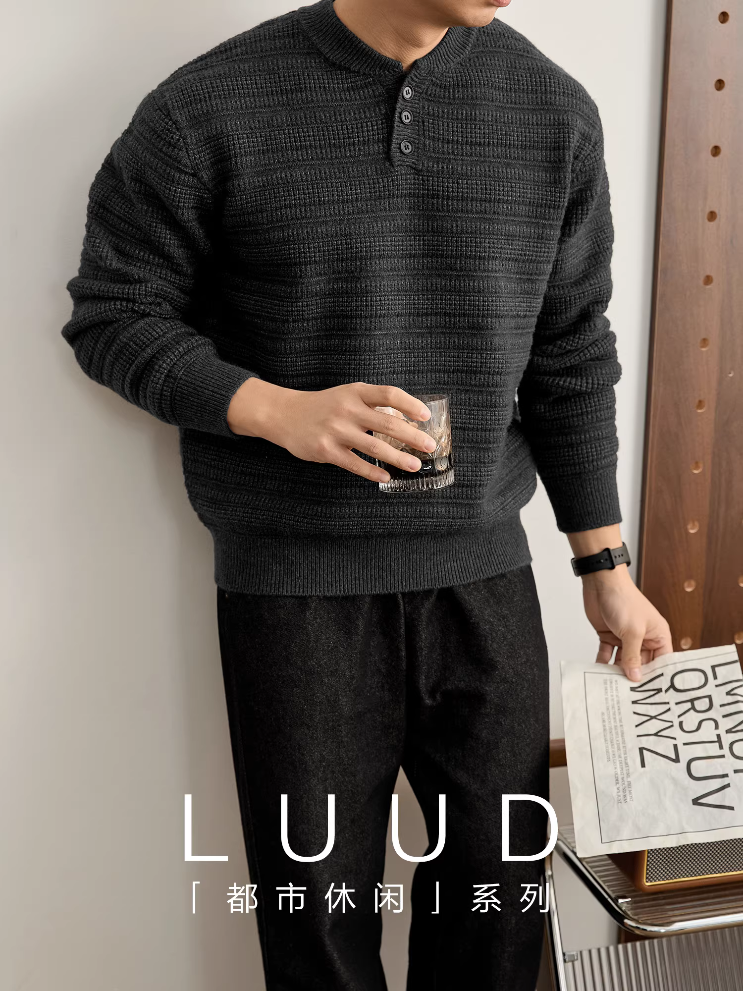 Áo len nam LUUD cao cấp 850g, chất liệu dệt jacquard, cổ henley, dày dặn, giữ ấm mùa đông, màu trơn