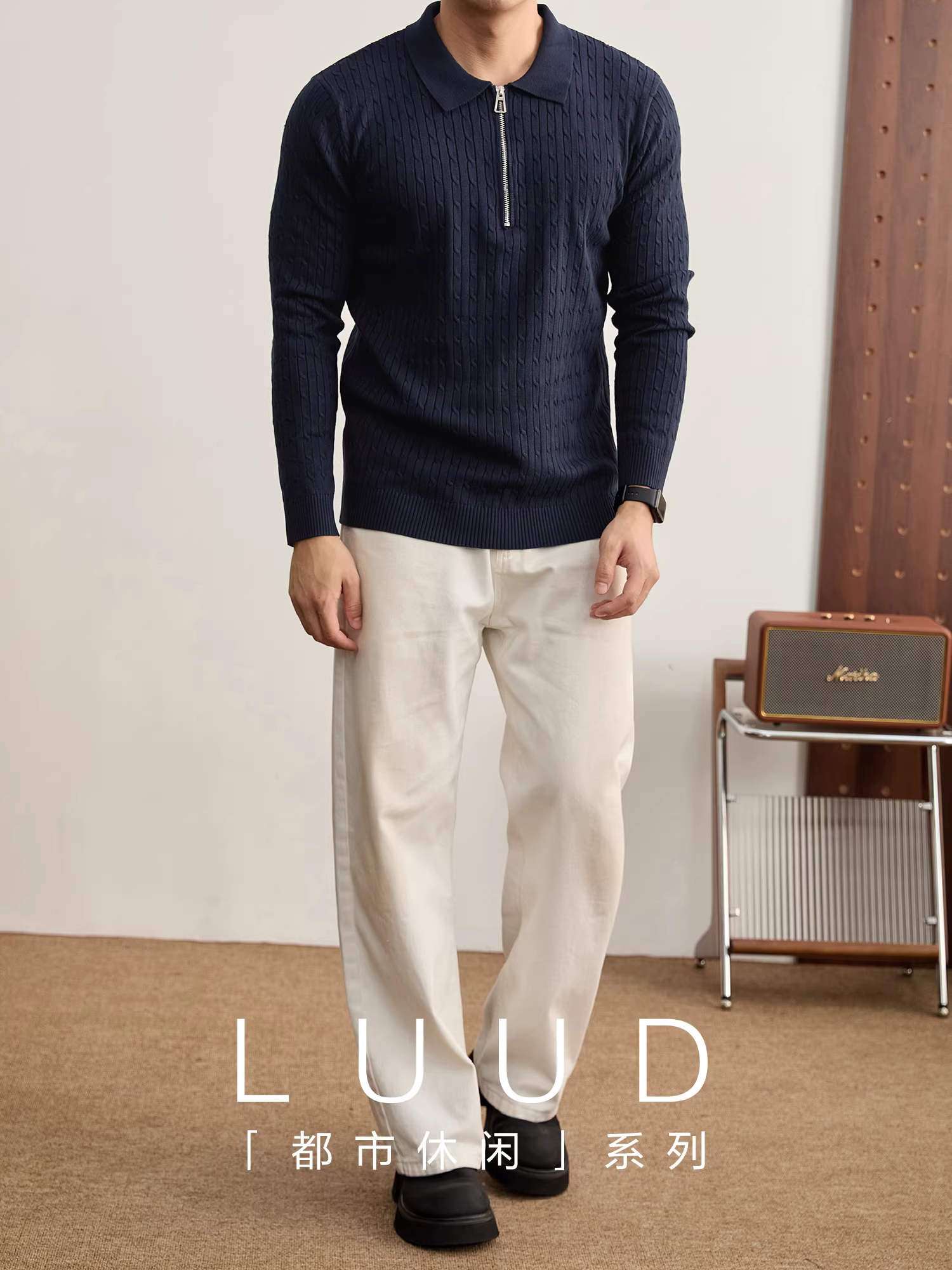 Áo len polo nửa khóa kéo chất lượng cao LUUD, chất liệu dệt jacquard chống xù, dành cho nam, mùa thu đông