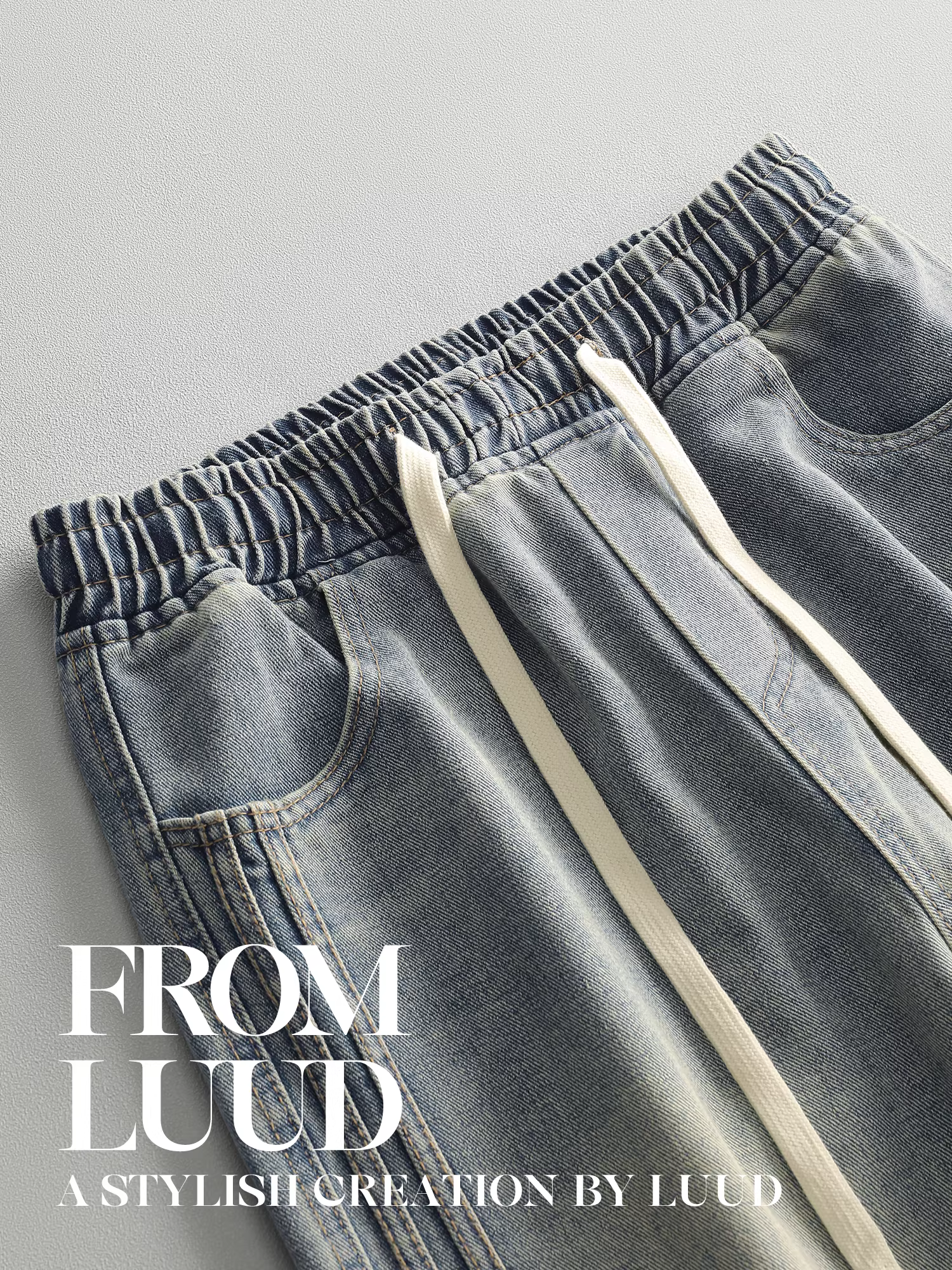 Quần jean lưng thun LUUD dành cho nam, quần dài dáng rộng phong cách Mỹ mùa thu, quần ống rộng có dây rút