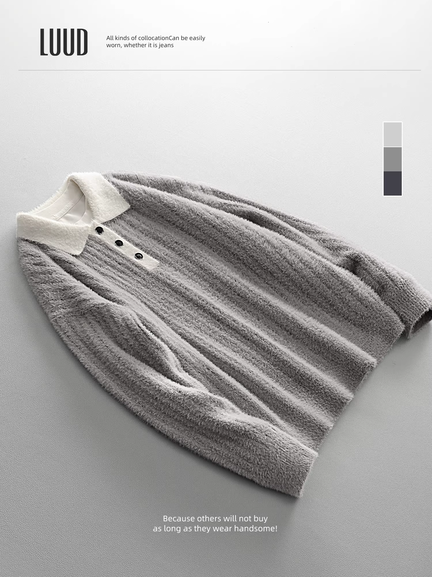 Áo len cổ polo phong cách nghệ thuật bằng da lộn thân thiện với da LUUD dành cho nam, áo len dệt kim có đường gân dọc thời trang, kiểu dáng vai rơi