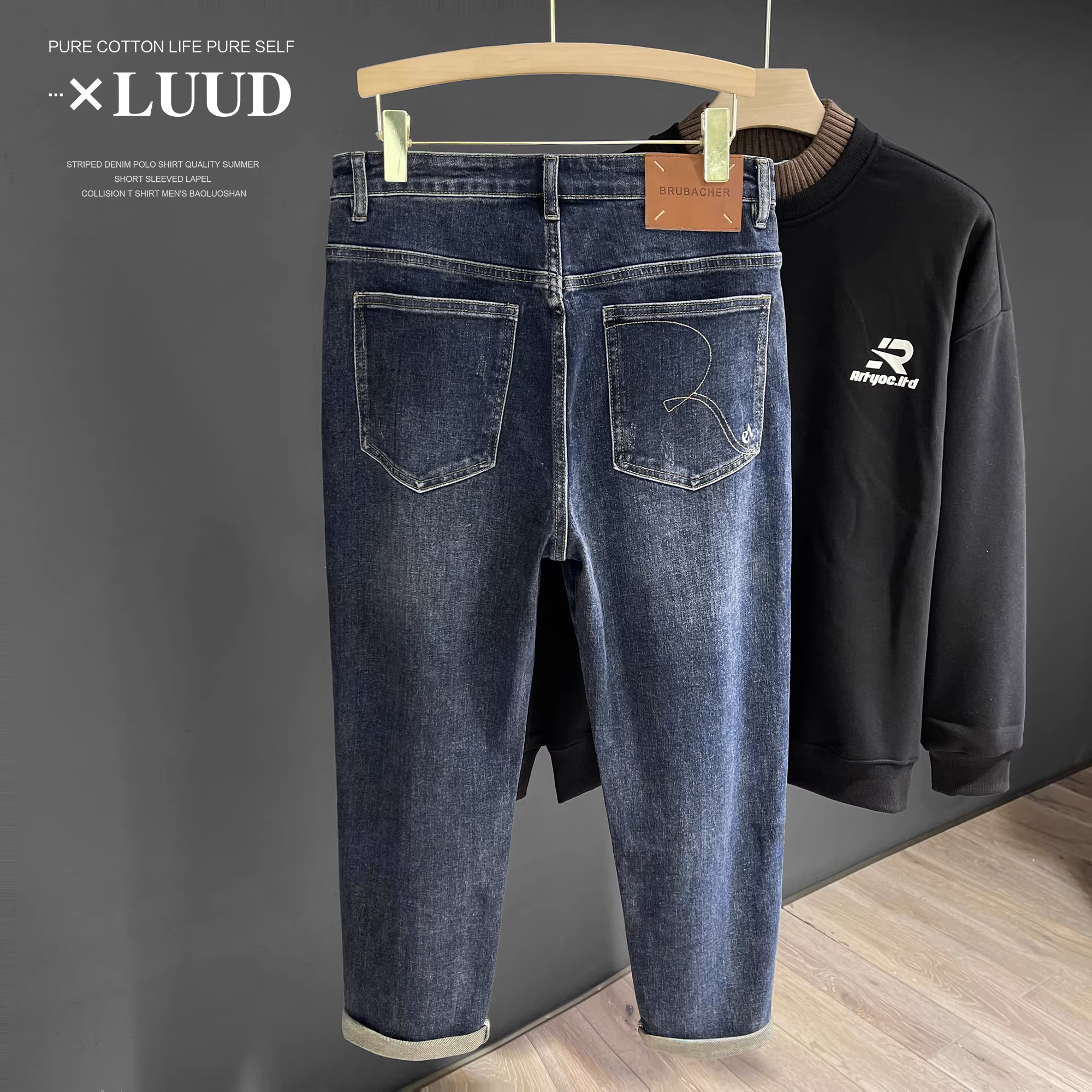 LUUD Mùa Thu Mới Giặt Cotton Feel Thẳng Quần Âu Nam Đơn Giản Đa Năng Quần Jean Thêu Màu Xanh