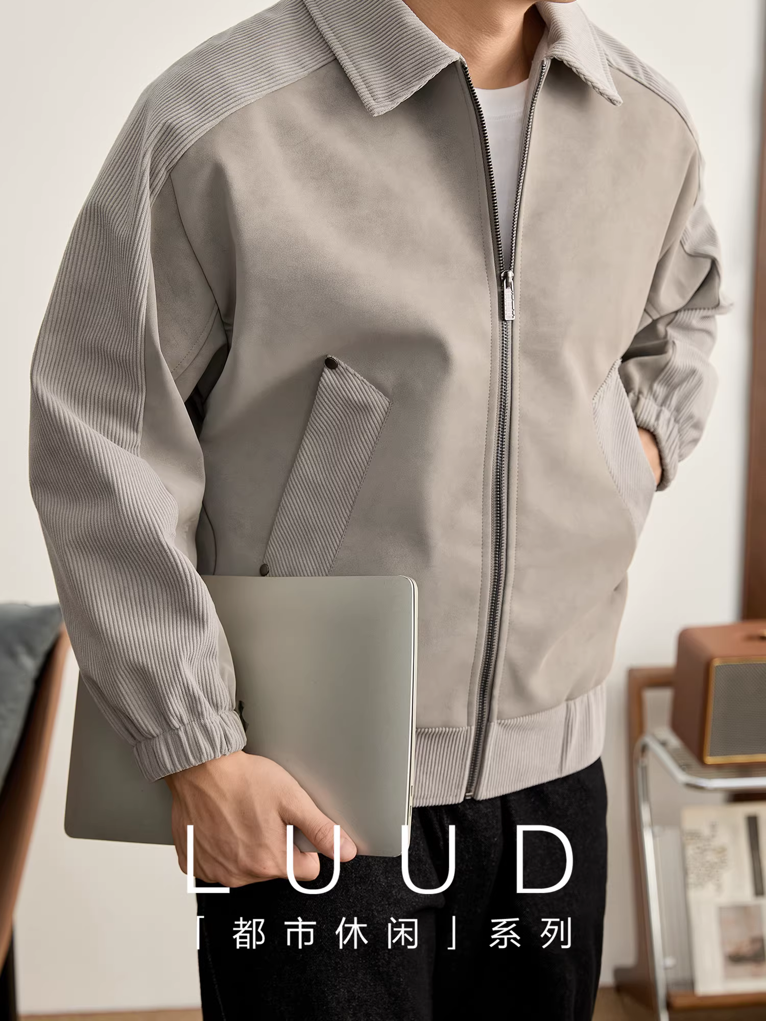 Áo khoác nam chất liệu da lộn LUUD PU phối đinh tán, kiểu dáng phối ghép, có ve áo, thời trang, chống gió, giữ ấm