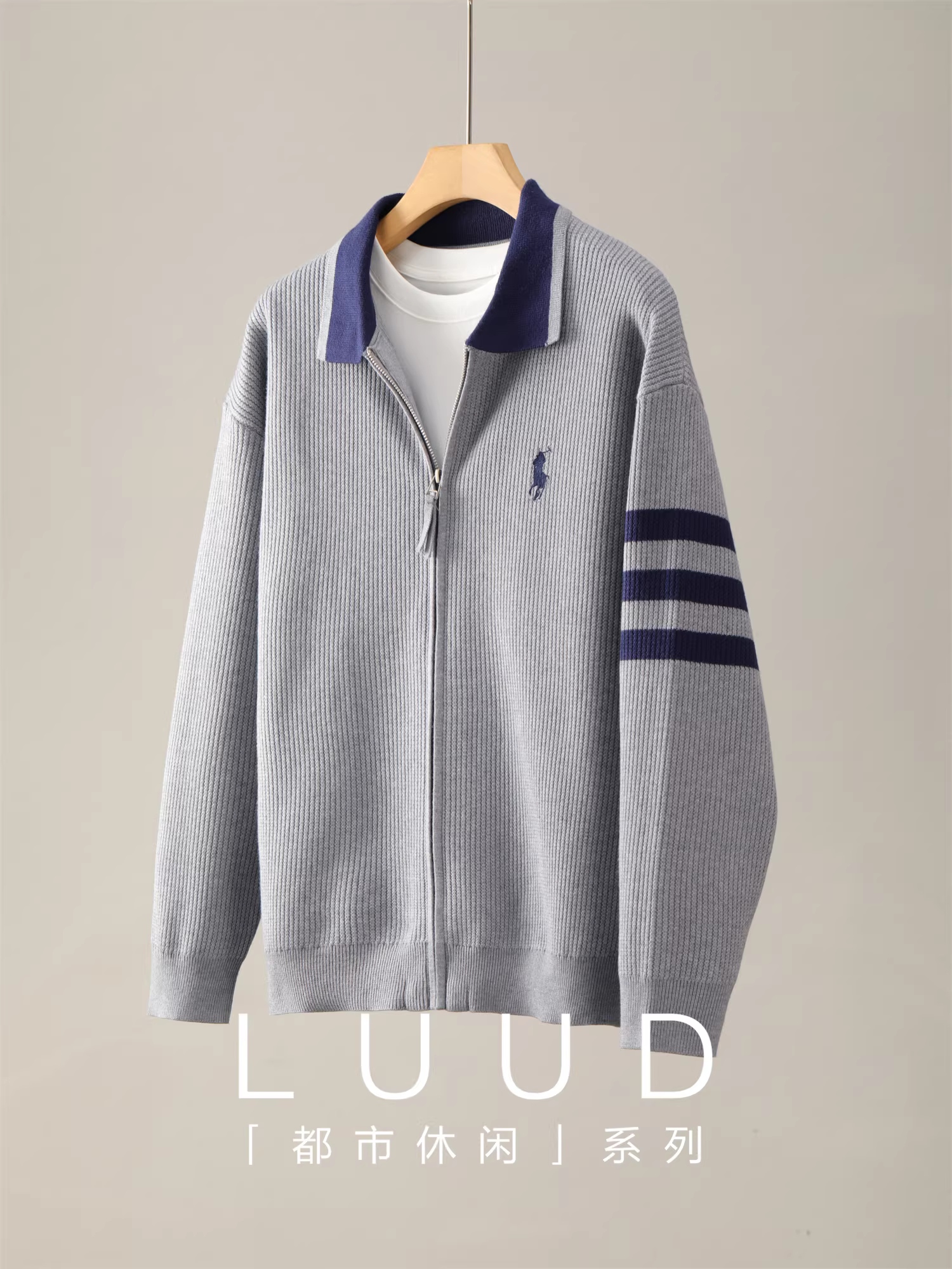 Ưu đãi đặc biệt: Áo cardigan dệt kim ba sọc pha trộn Tencel Lyocell dành cho nam, mùa thu đông, thêu họa tiết hiệp sĩ, áo khoác phối màu cổ áo