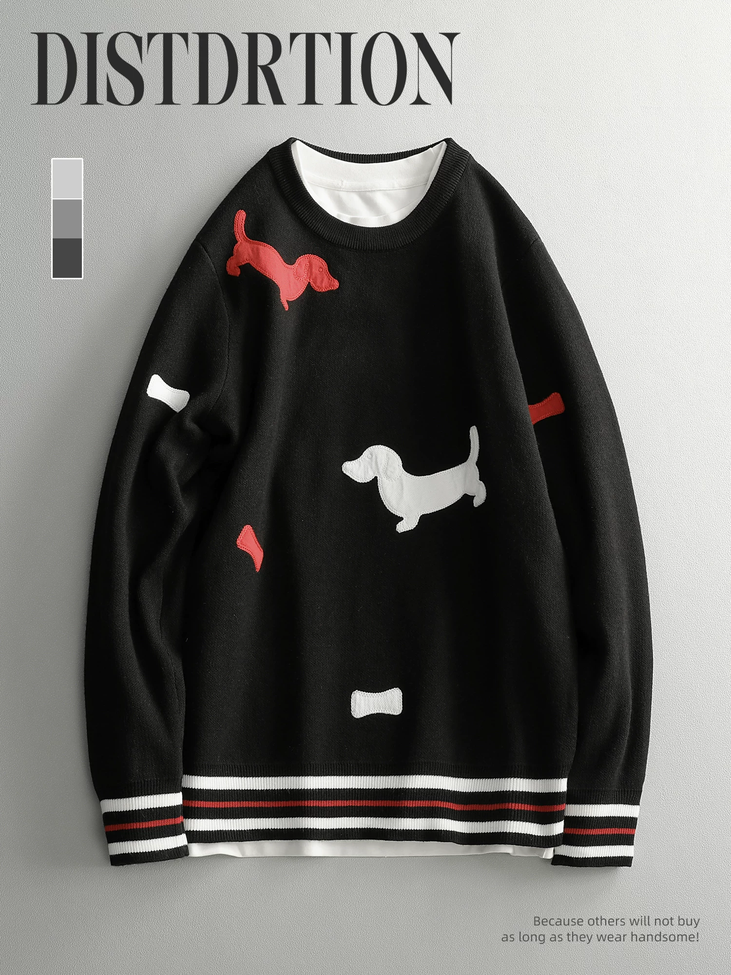 Ưu đãi đặc biệt: Áo len dệt kim thêu hình chó, phối màu bốn sọc thời thượng và năng động, được làm từ sợi modal core-spun, kiểu dáng ôm sát.