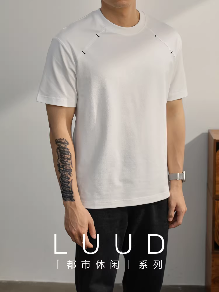 Áo thun ngắn tay chắp vá hạng nặng LUUD 280G dành cho nam, thiết kế thương hiệu hợp thời trang mùa hè, áo thun cổ tròn nửa tay bằng cotton đa năng