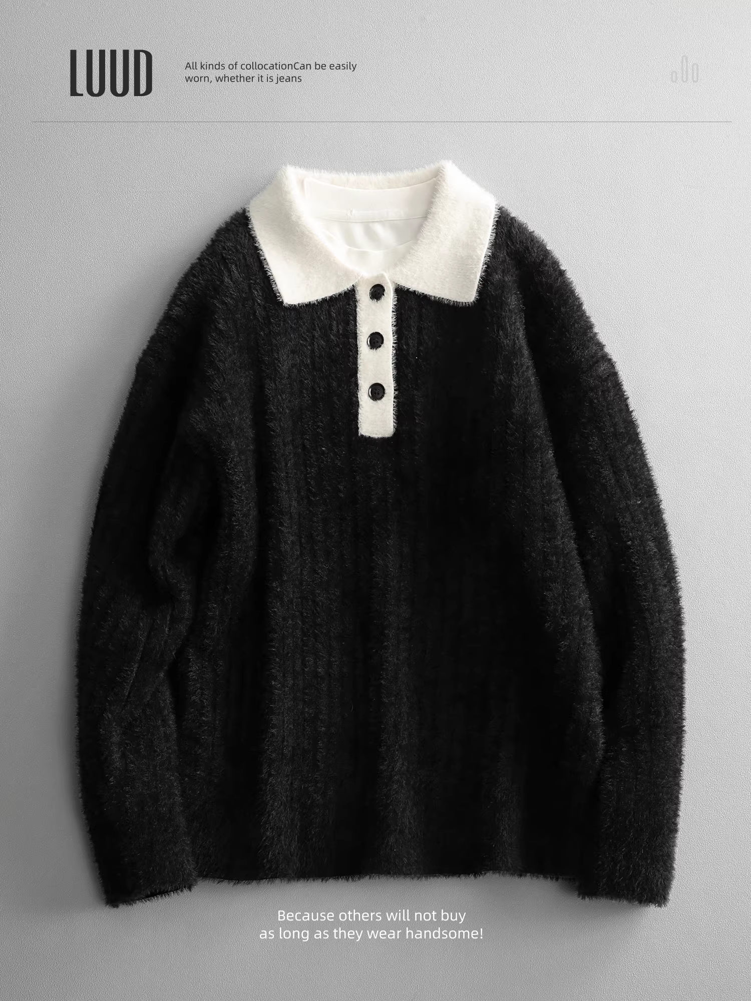 Áo len cổ polo phong cách nghệ thuật bằng da lộn thân thiện với da LUUD dành cho nam, áo len dệt kim có đường gân dọc thời trang, kiểu dáng vai rơi