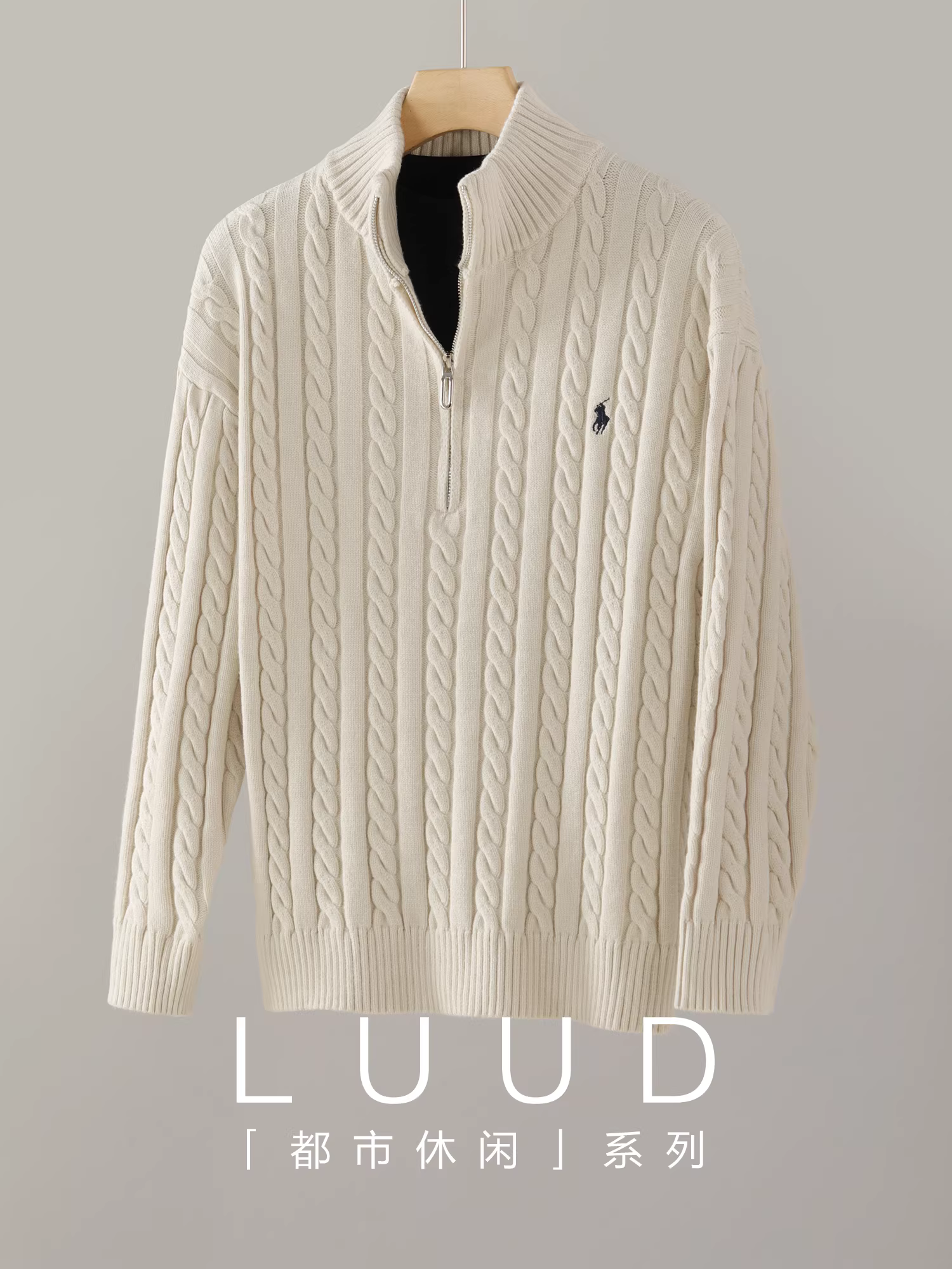 Áo len dệt kim sợi lõi xoắn LUUD có độ đàn hồi cao chống xù lông dành cho nam, áo len cổ lọ có khóa kéo thêu hiệp sĩ mùa thu đông