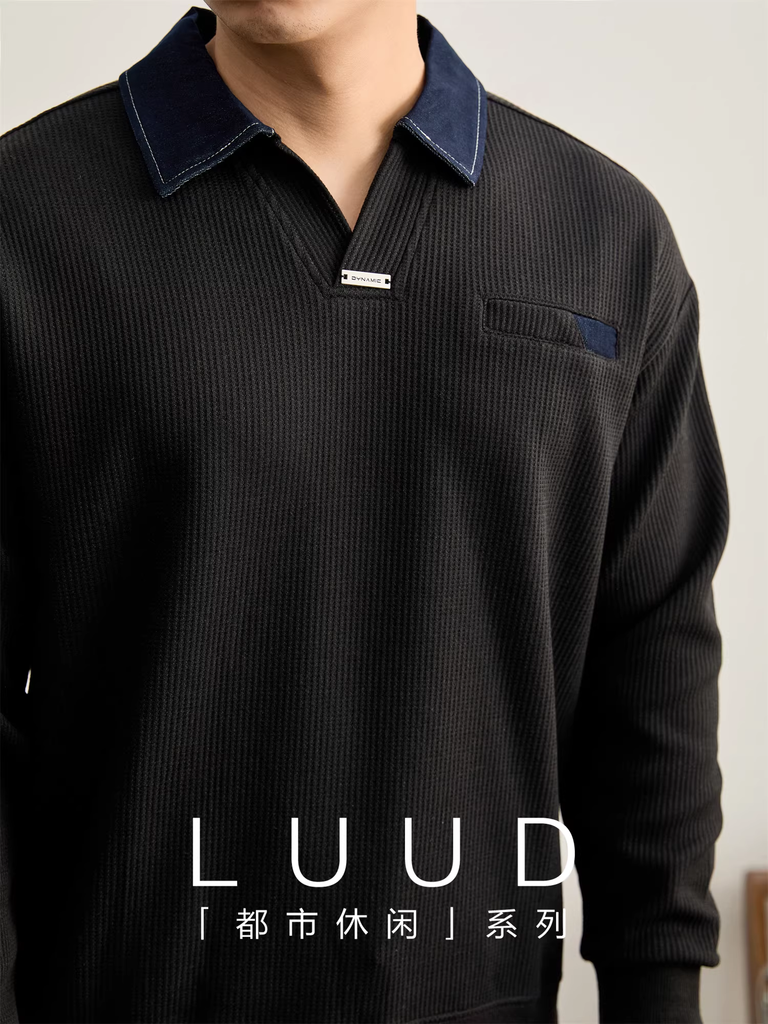 Áo thun polo denim phối màu sang trọng thời trang LUUD với họa tiết tổ ong, kiểu dáng thường ngày, tay dài, dành cho nam, mặc mùa thu