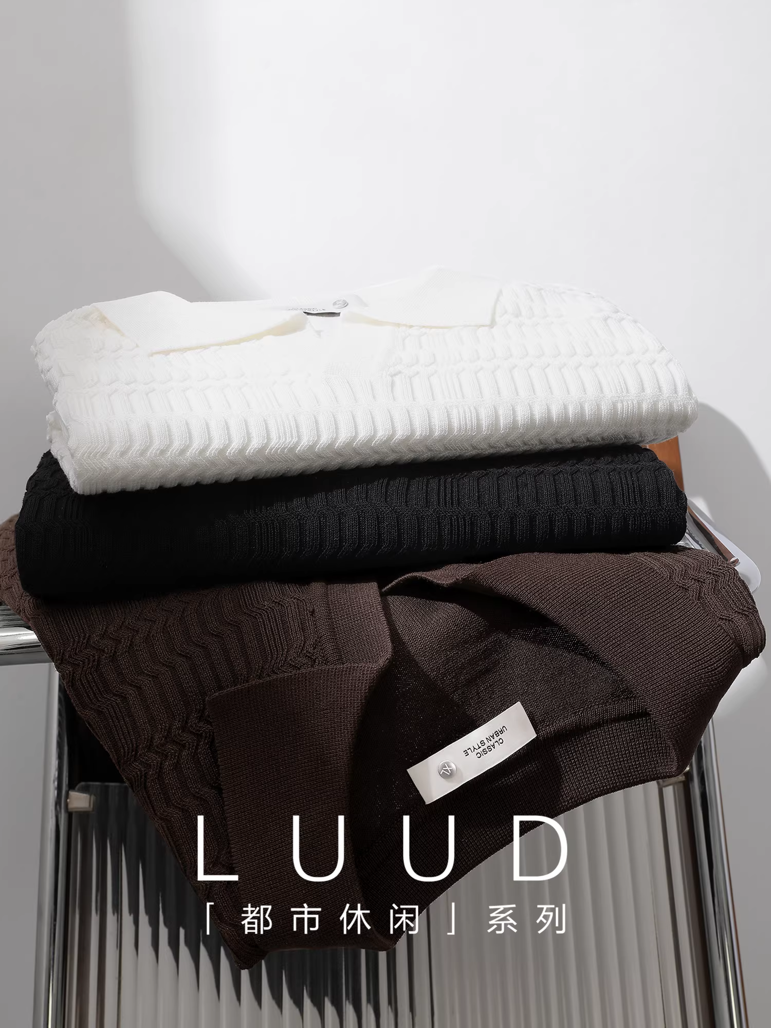 Áo thun polo ngắn tay cổ chữ V nhỏ dệt kim LUUD Áo thun ôm vừa vặn có họa tiết hợp thời trang mùa hè Áo thun jacquard đa năng