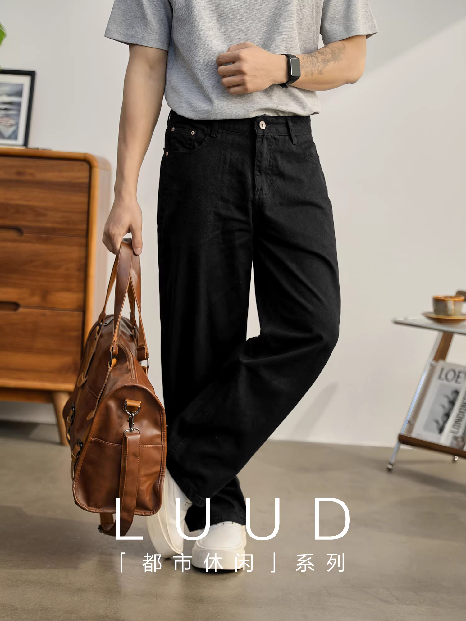 Quần jean ống rộng thẳng của LUUD dành cho nam giới, quần dài ba chiều bằng vải cotton nguyên chất, quần dài hợp thời trang, họa tiết chéo tinh tế, quần âu thông thường