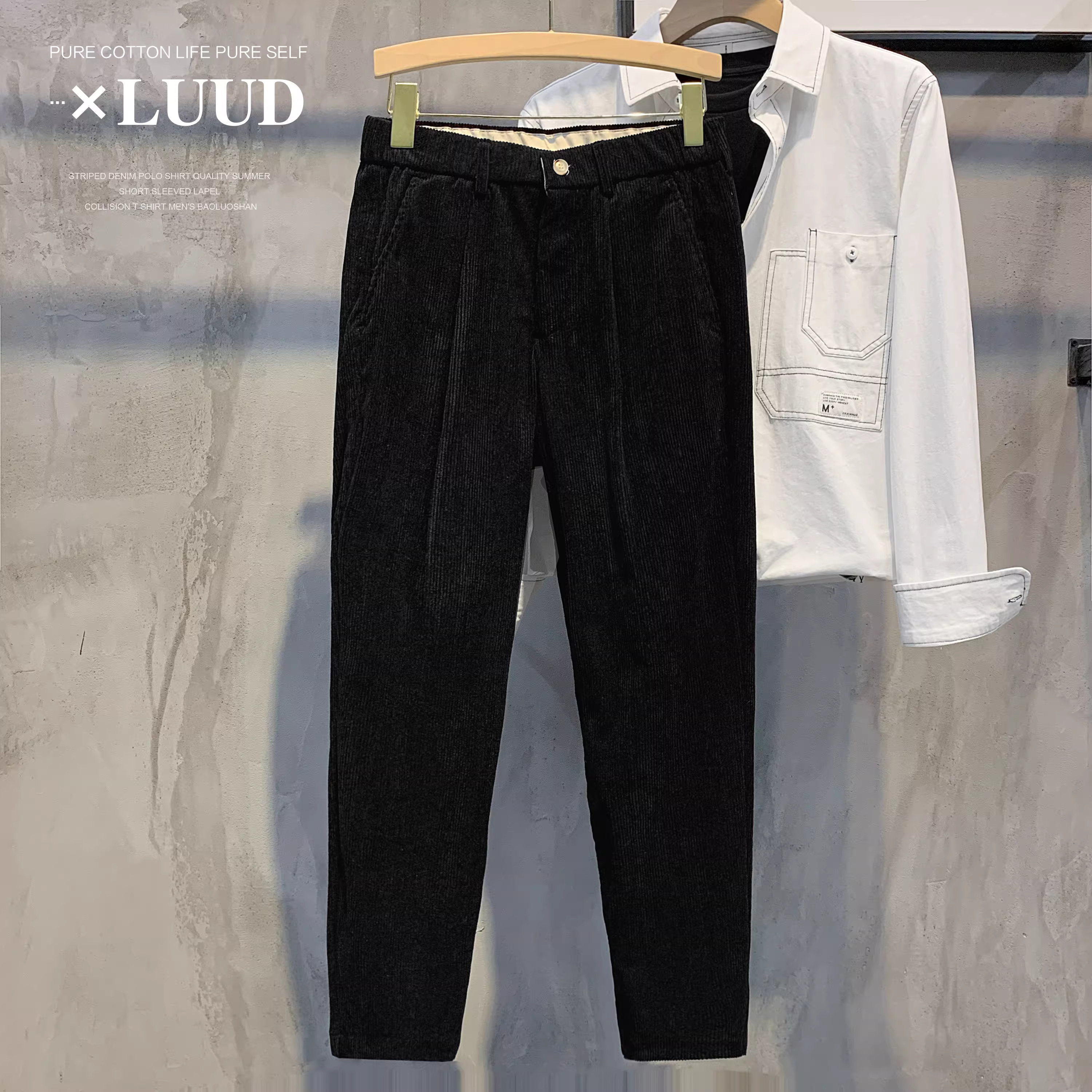 LUUD nam màu trơn vải nhung mùa đông ấm áp quần âu phong cách Hàn Quốc đẹp trai dày đa năng quần dài thon gọn