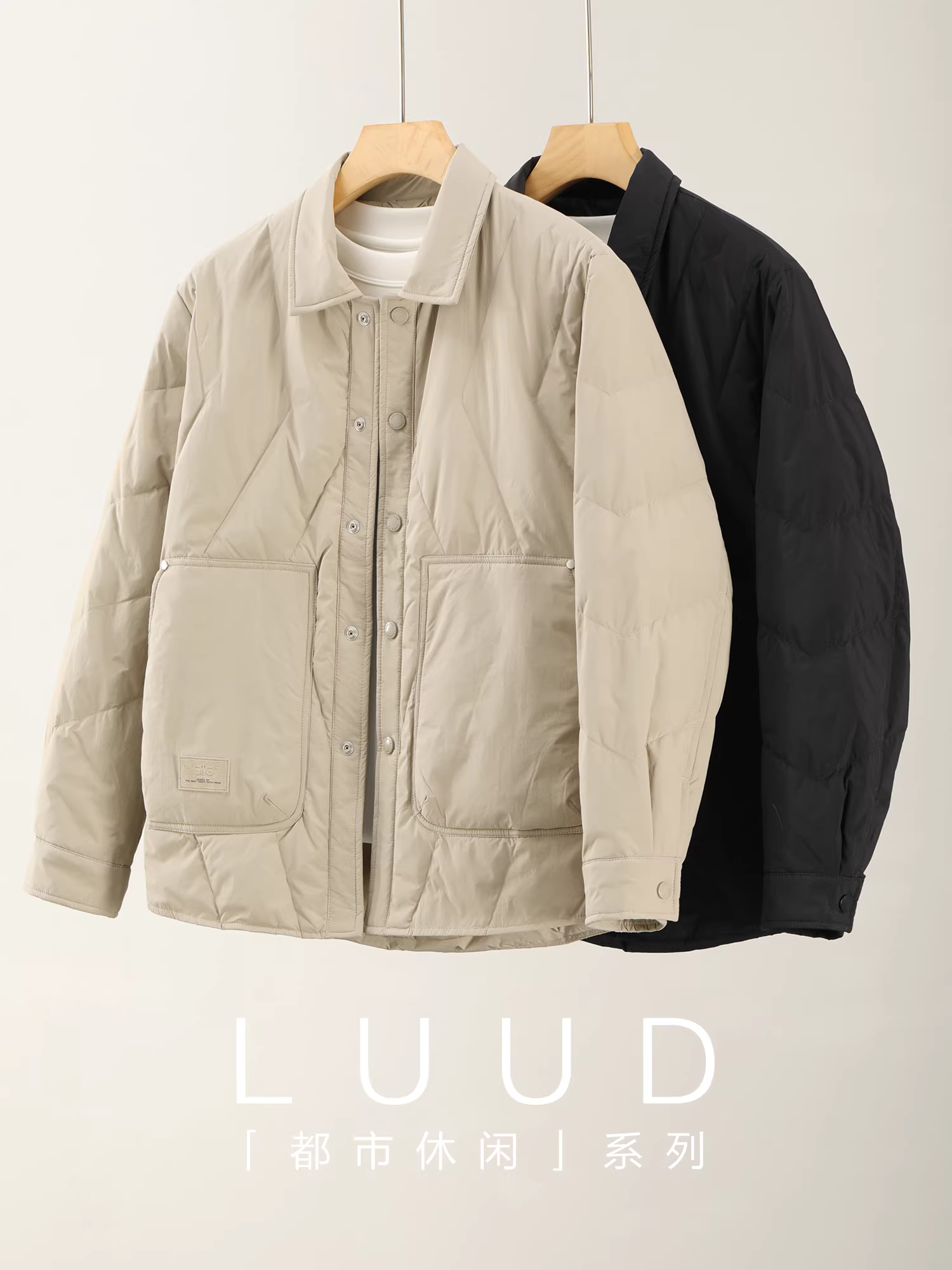 Áo khoác ấm phong cách công sở Nhật Bản LUUD có túi thêu nhỏ dành cho nam giới Áo khoác nhẹ bằng lông vịt chống gió cổ bẻ