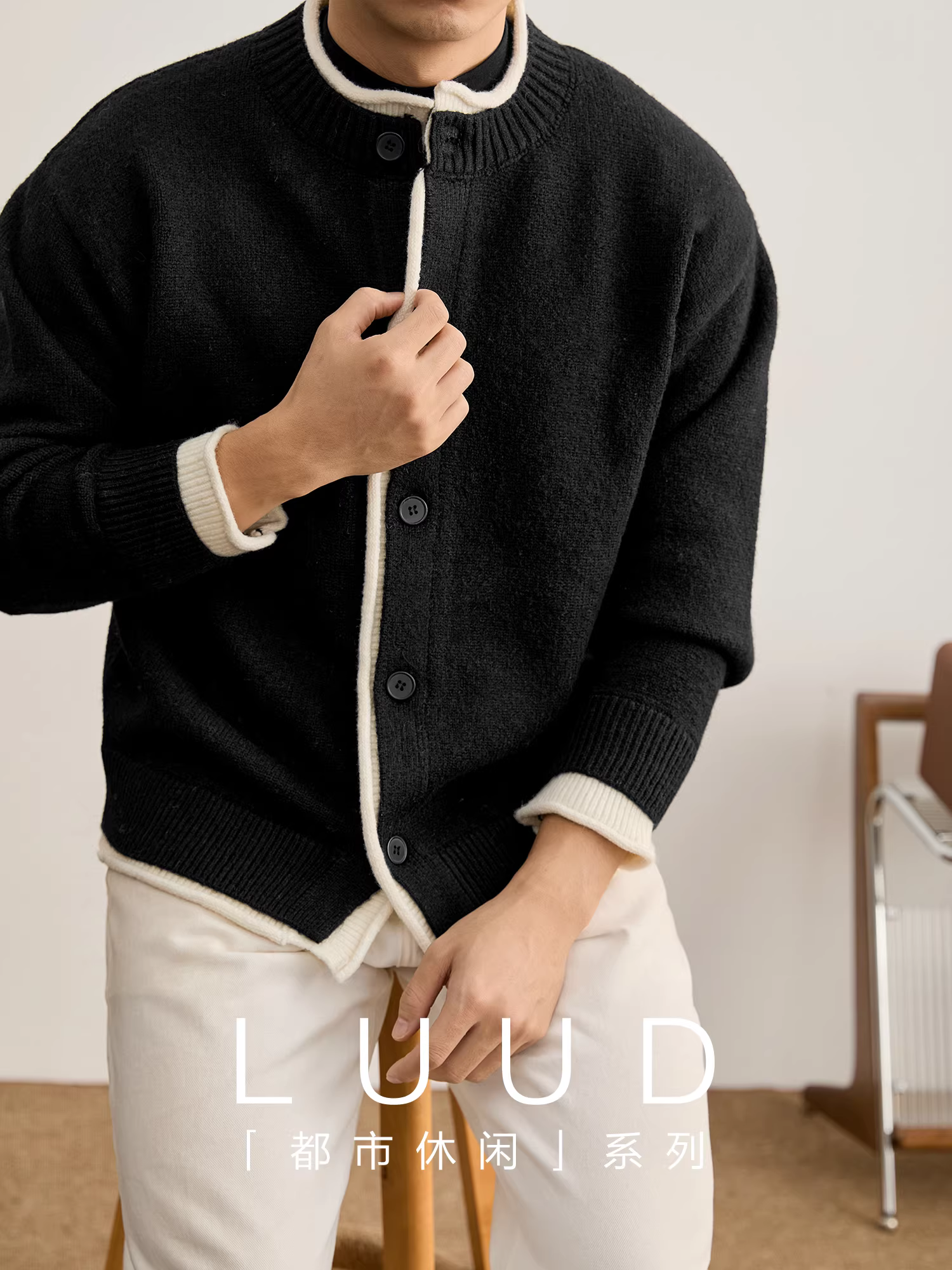 Áo len dệt kim giả hai mảnh viền cuốn LUUD dành cho nam, áo khoác len dày dặn, chất liệu lông cừu