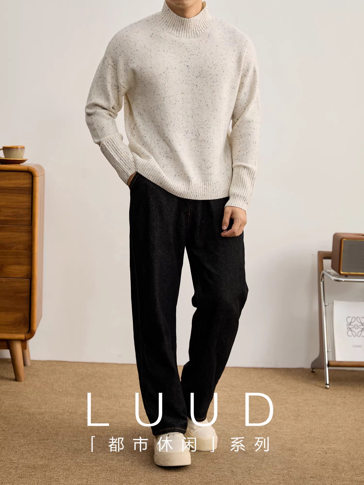 Áo len dệt kim cổ cao thanh lịch LUUD dành cho nam mùa thu đông Áo len dệt kim pha màu chấm bi Jacquard