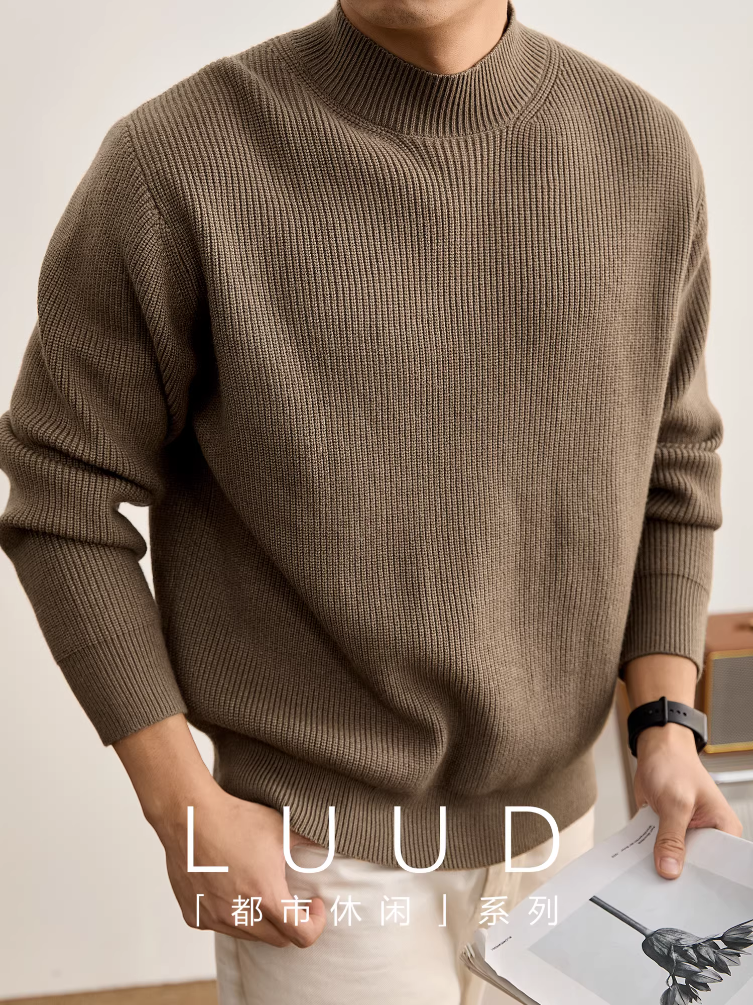 Áo len ấm áp cổ cao nửa cổ LUUD họa tiết retro mùa thu đông, bo tay gân, chống xù, chất liệu dệt kim, thời trang nam