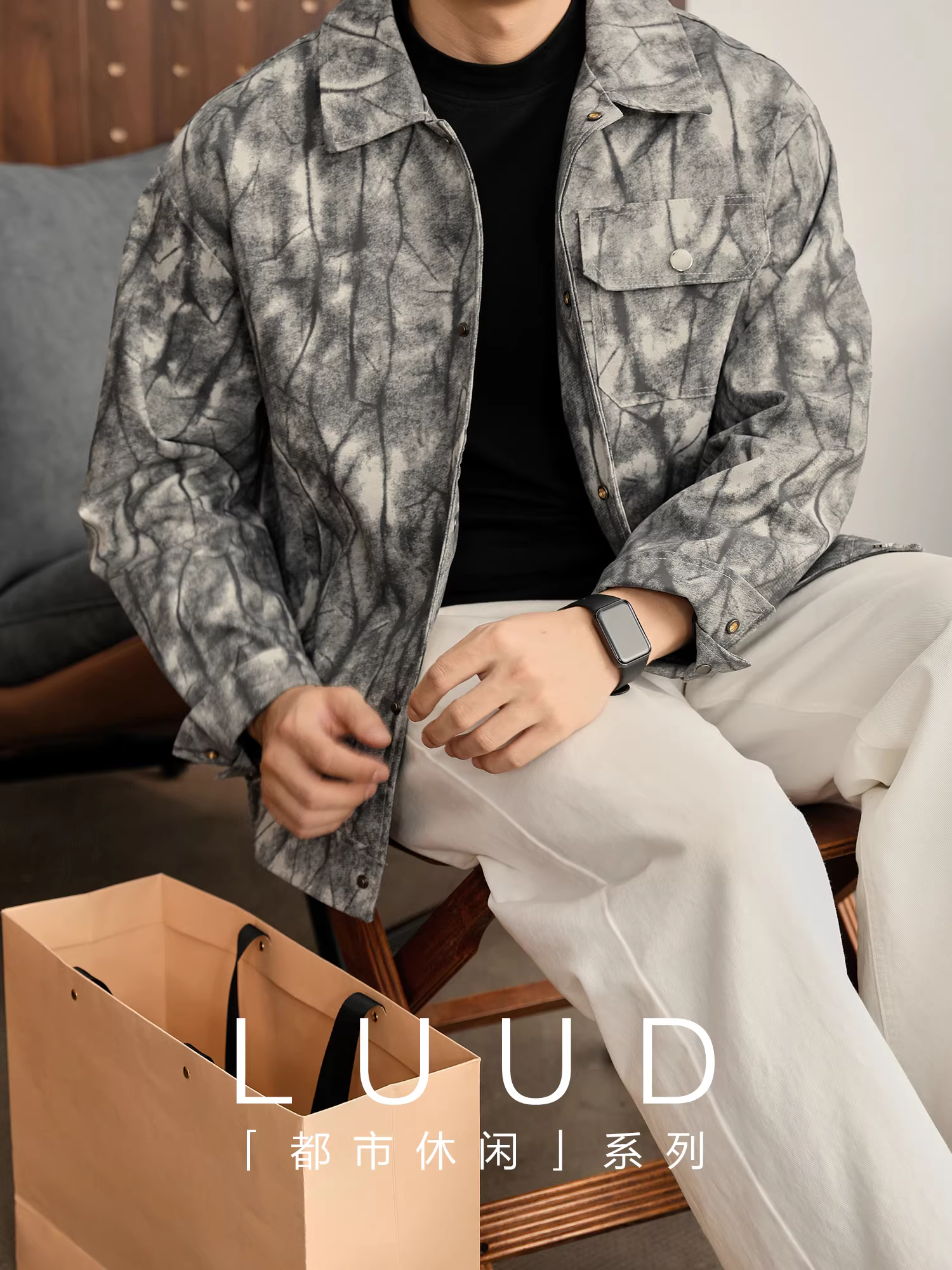 Áo khoác in họa tiết nghệ thuật LUUD dành cho nam mùa thu đông ấm áp chống gió áo khoác có ve áo thông thường