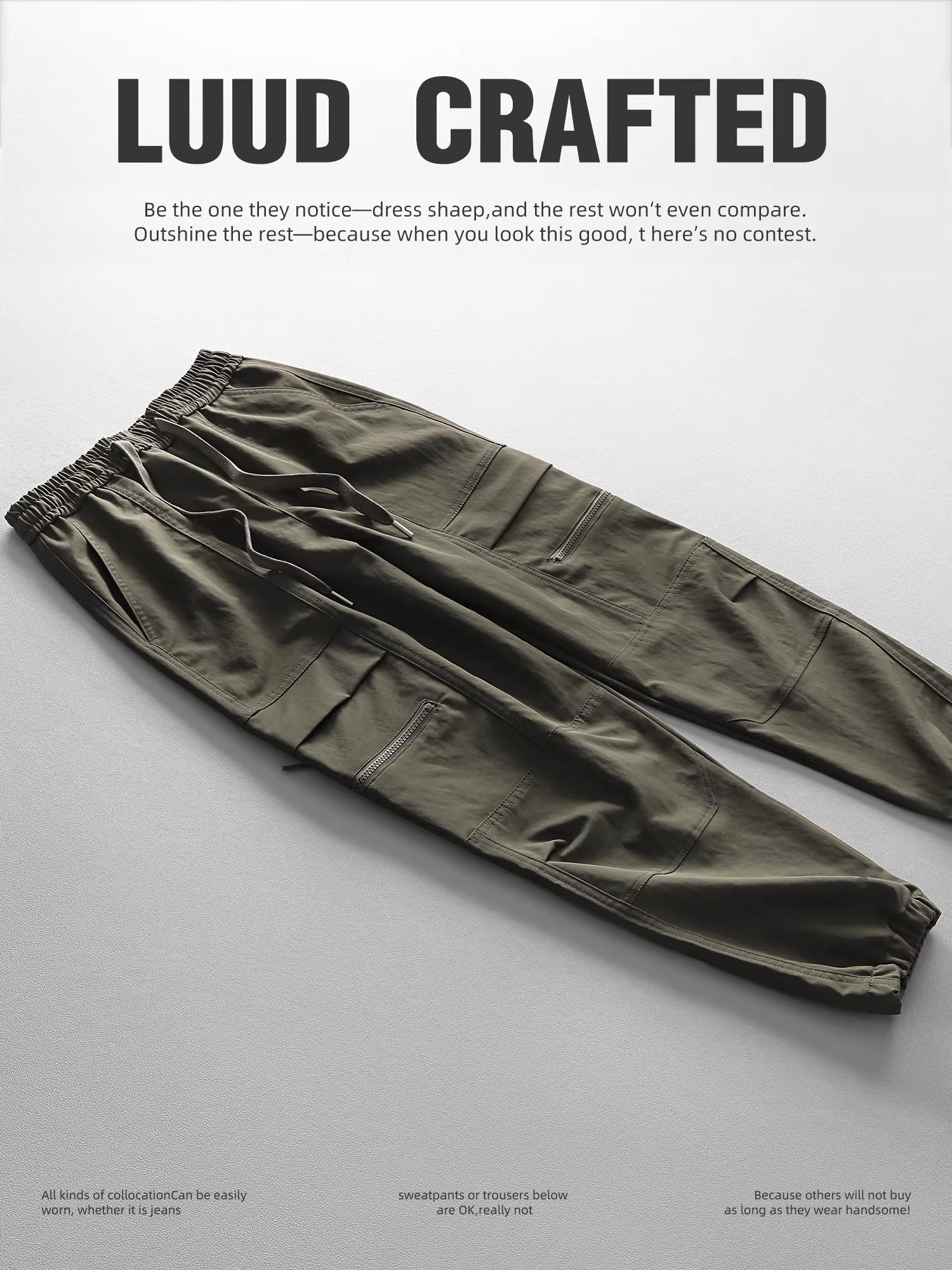 Quần jogger cargo nhiều túi phong cách đường phố LUUD dành cho nam, kiểu dáng vintage, quần ống thẳng, lưng thun, dây rút