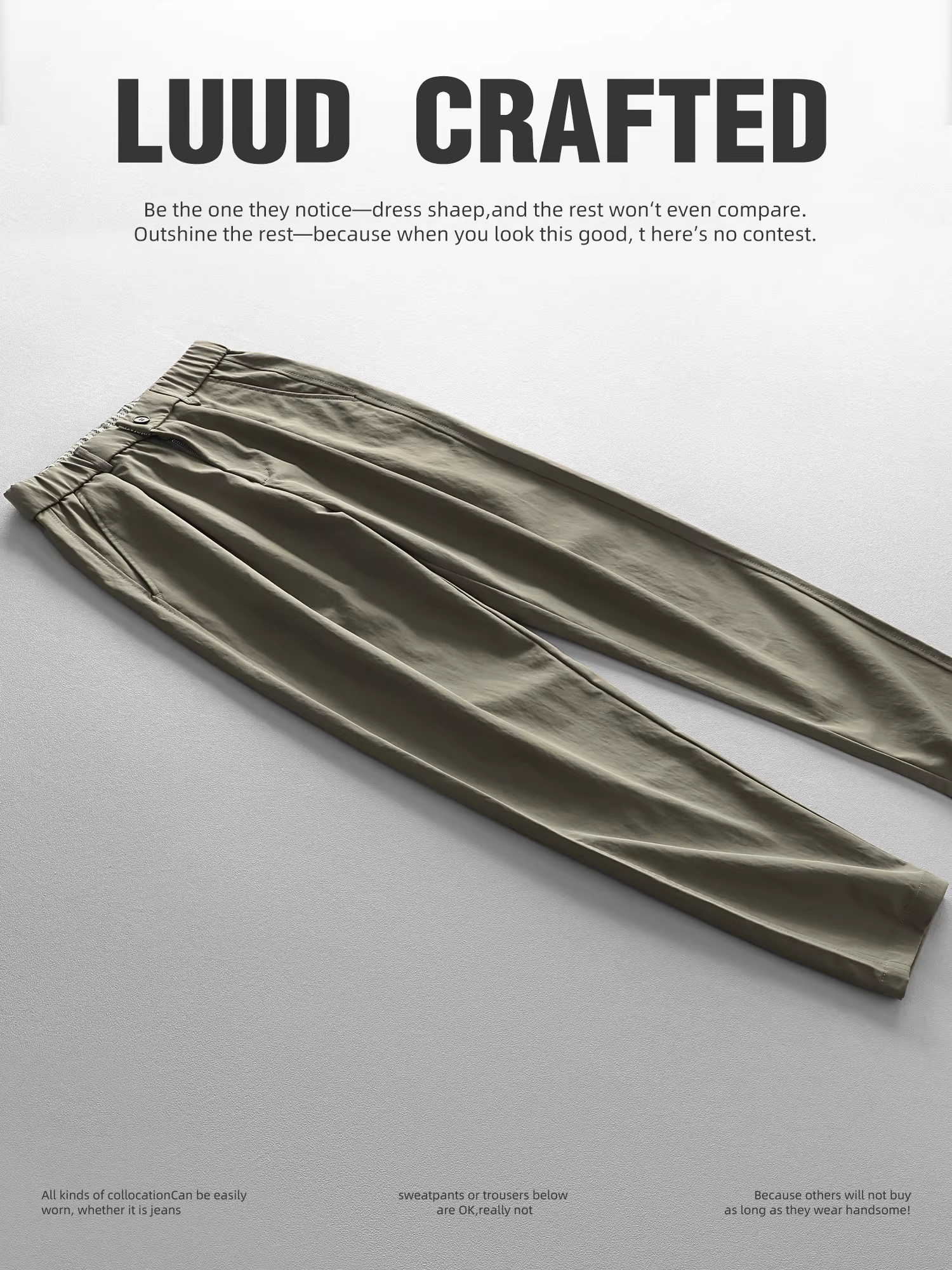 Quần âu nam LUUD kiểu dáng thời trang, thiết kế ba chiều, chất liệu thoải mái, lưng thun bán co giãn, ống côn, màu trơn.