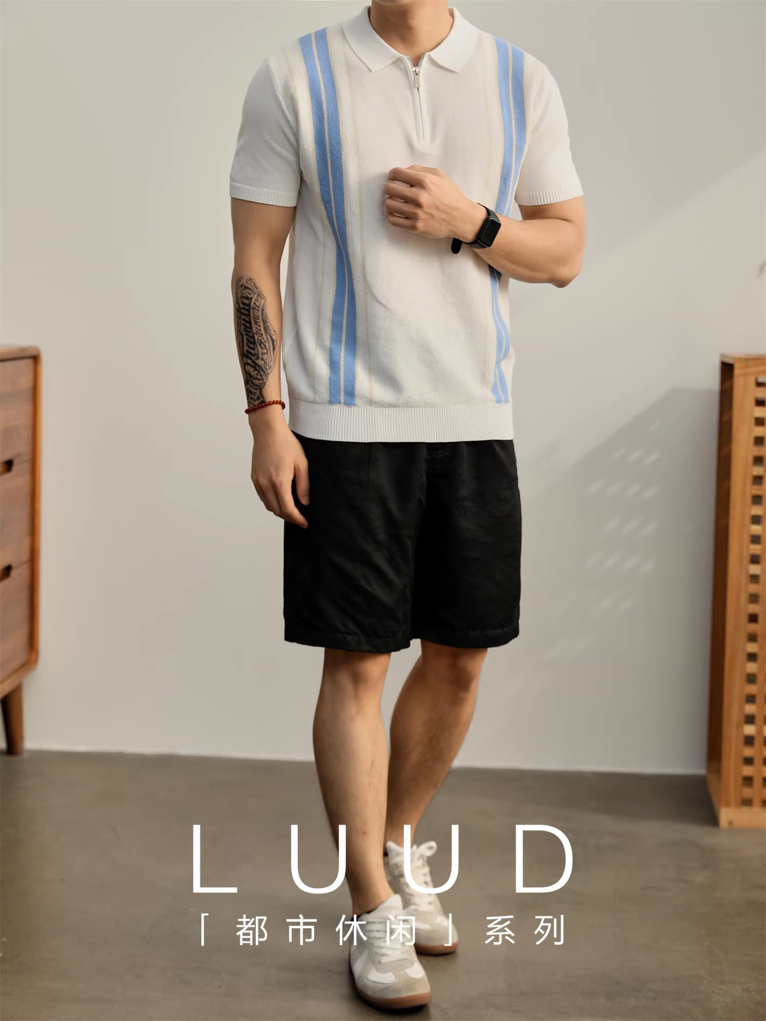 Áo sơ mi POLO nửa khóa kéo LUUD đơn giản và mát lạnh với sọc tương phản, cổ áo dệt jacquard, tay ngắn, dành cho nam mùa hè