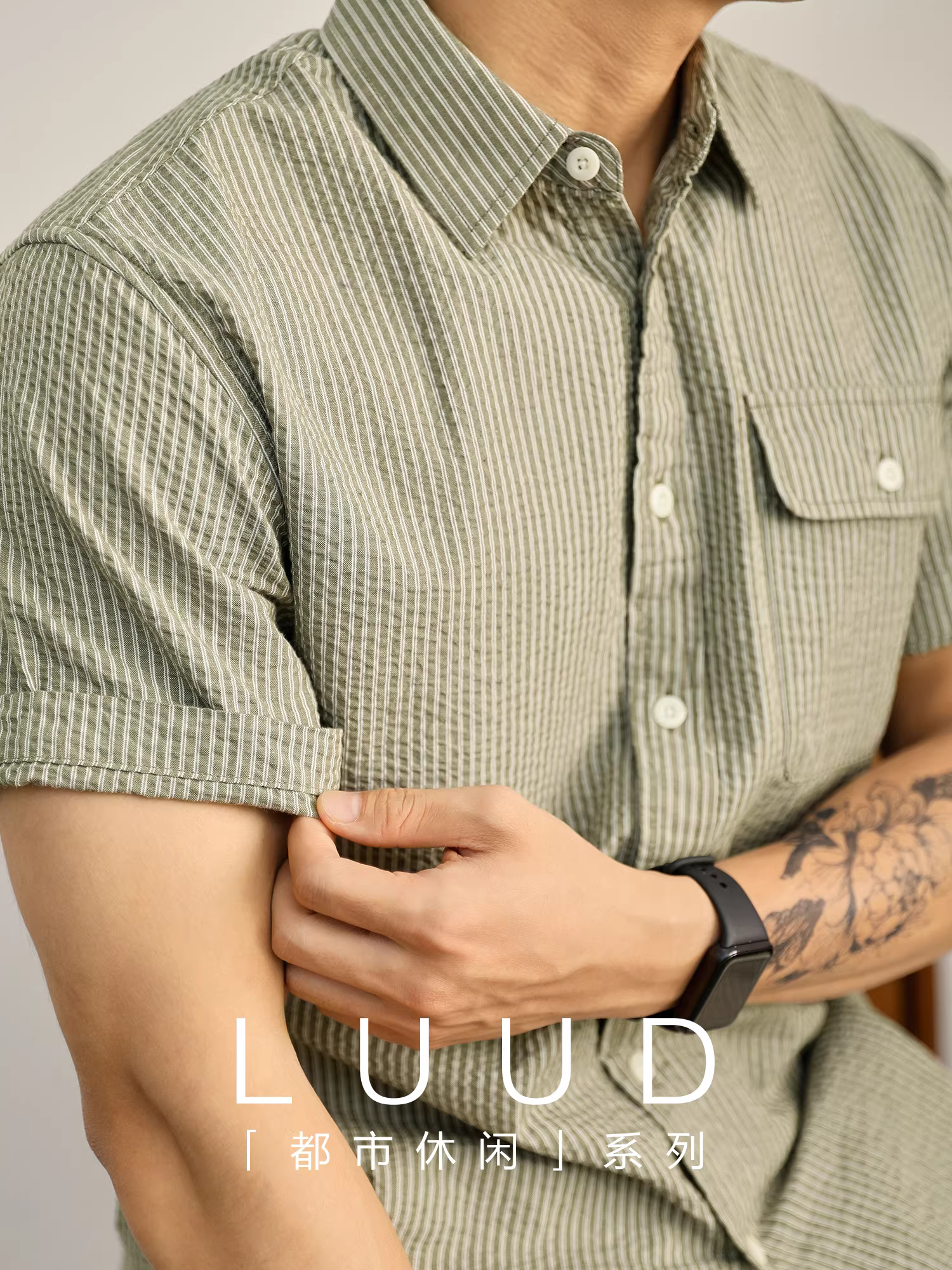Áo sơ mi thường ngày màu xanh bạc hà mùa hè LUUD có sọc đi làm và thiết kế túi có nắp, áo ngắn tay kiểu Nhật Bản nhẹ nhàng dành cho người trưởng thành